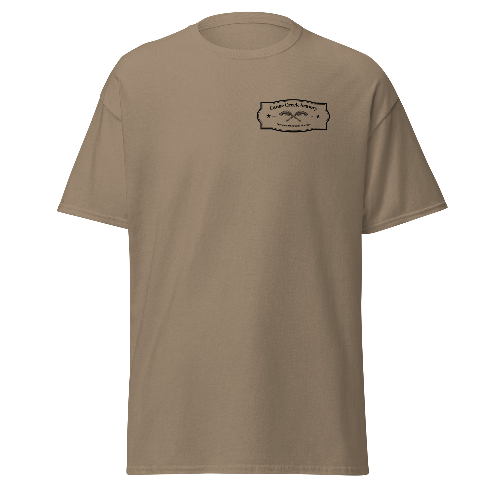 Beige t-shirt with armory logo design
