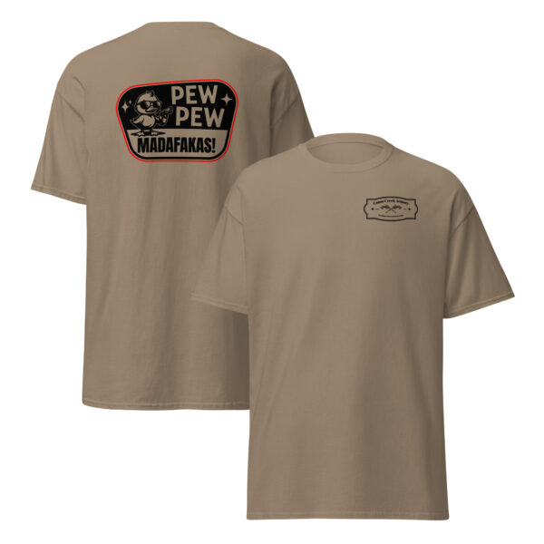 Beige t-shirt with playful graphic design.