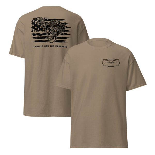Beige t-shirt with skull and flag design.