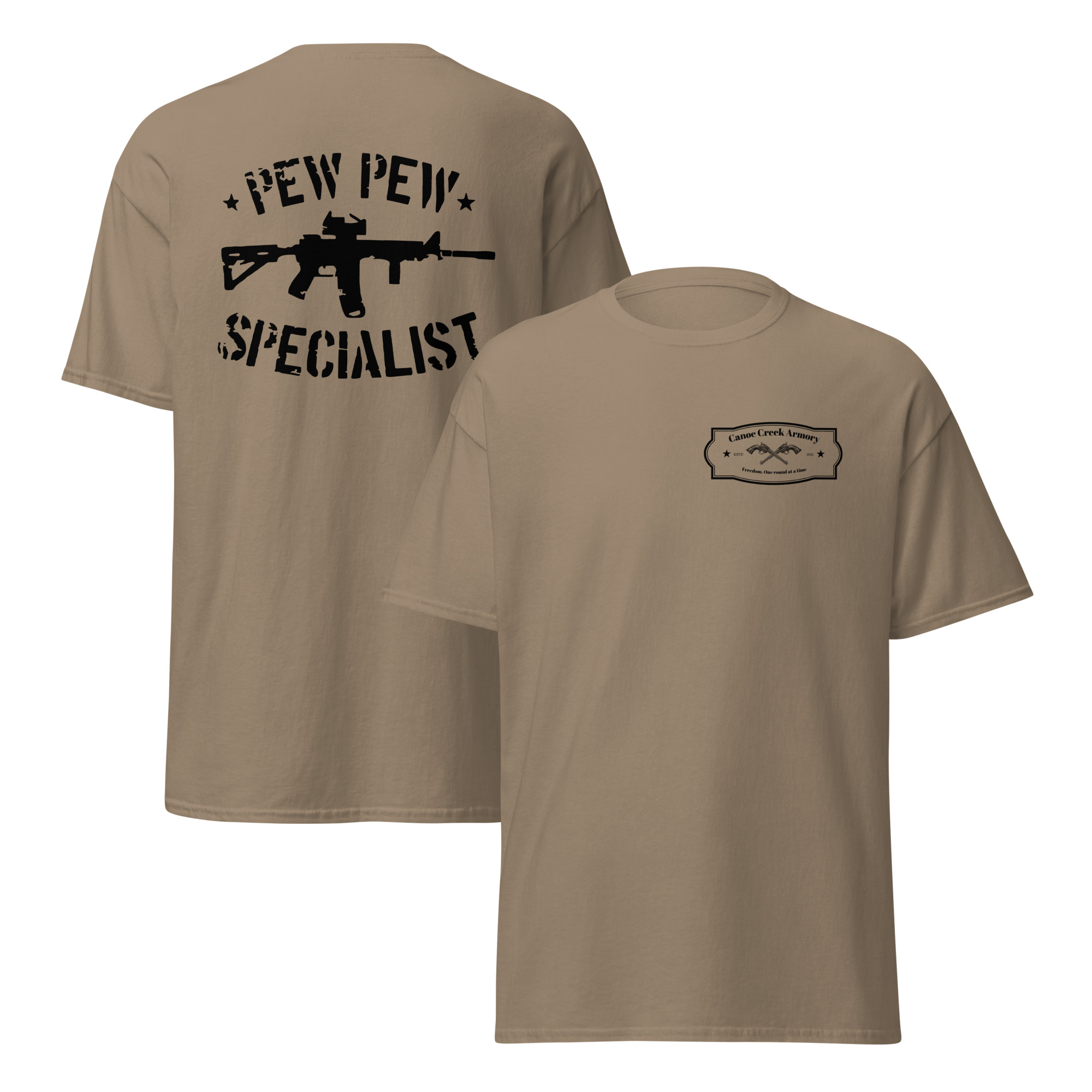 Khaki t-shirt with gun design and text