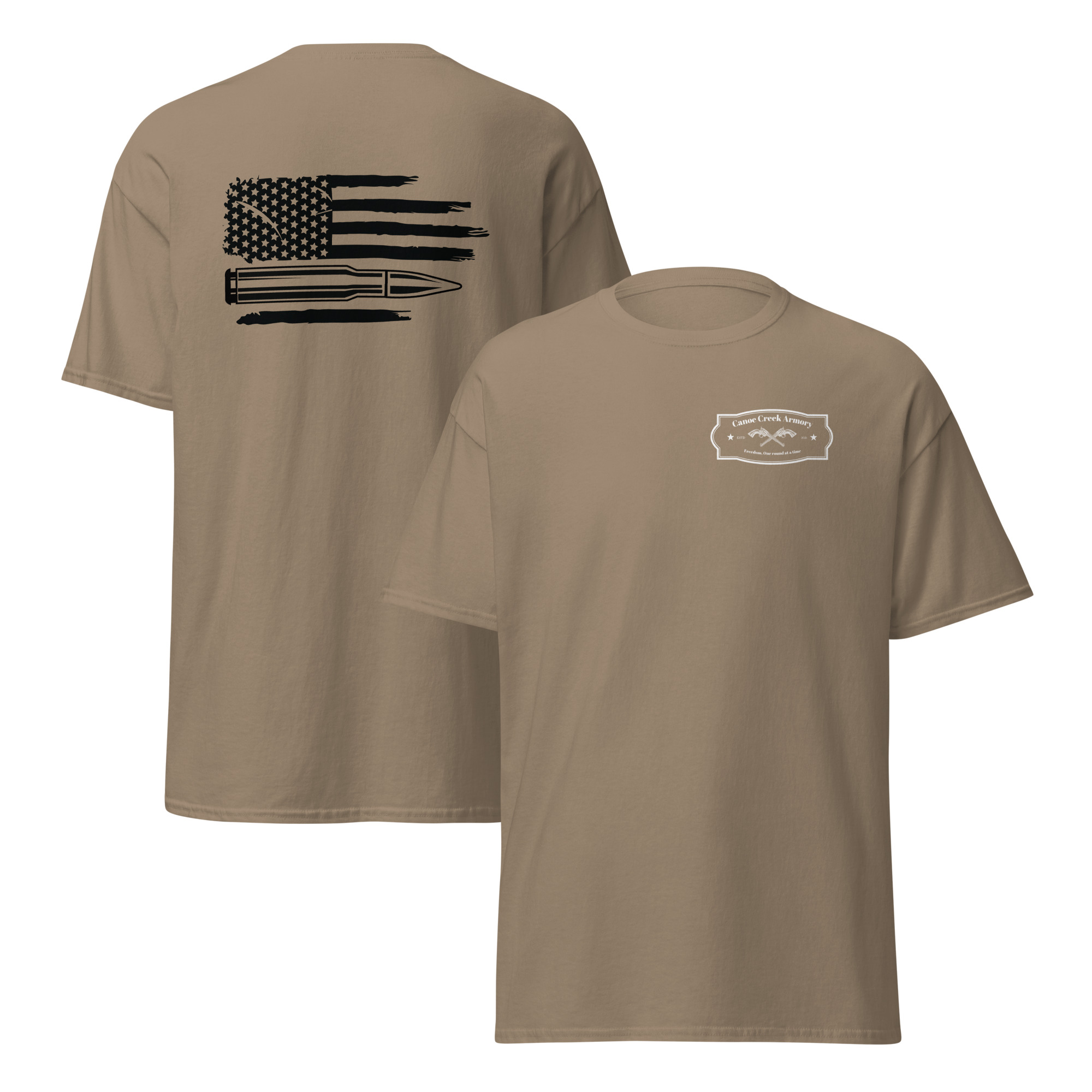 Tan t-shirt featuring American flag and bullet design.