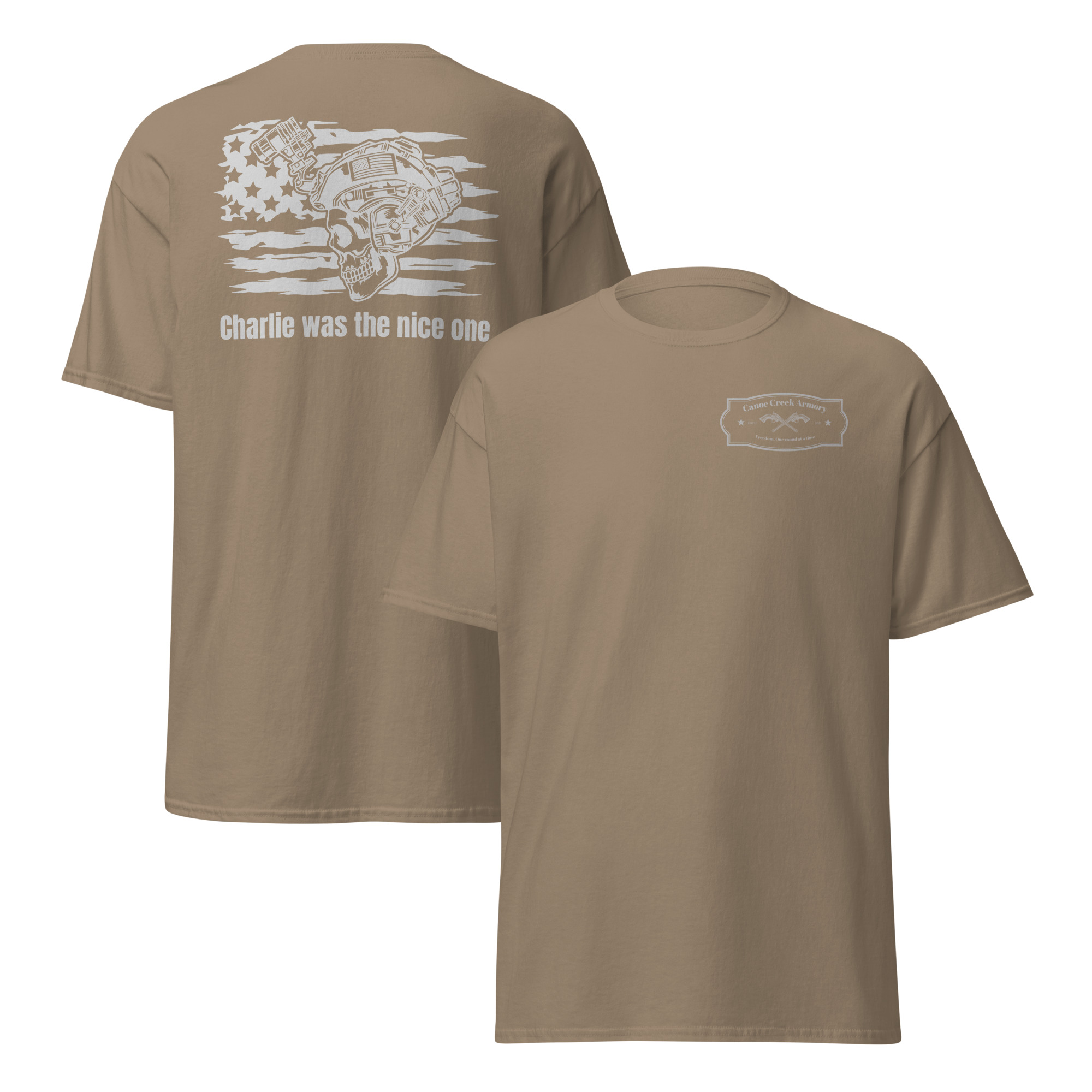 Tan t-shirt with graphic design and text