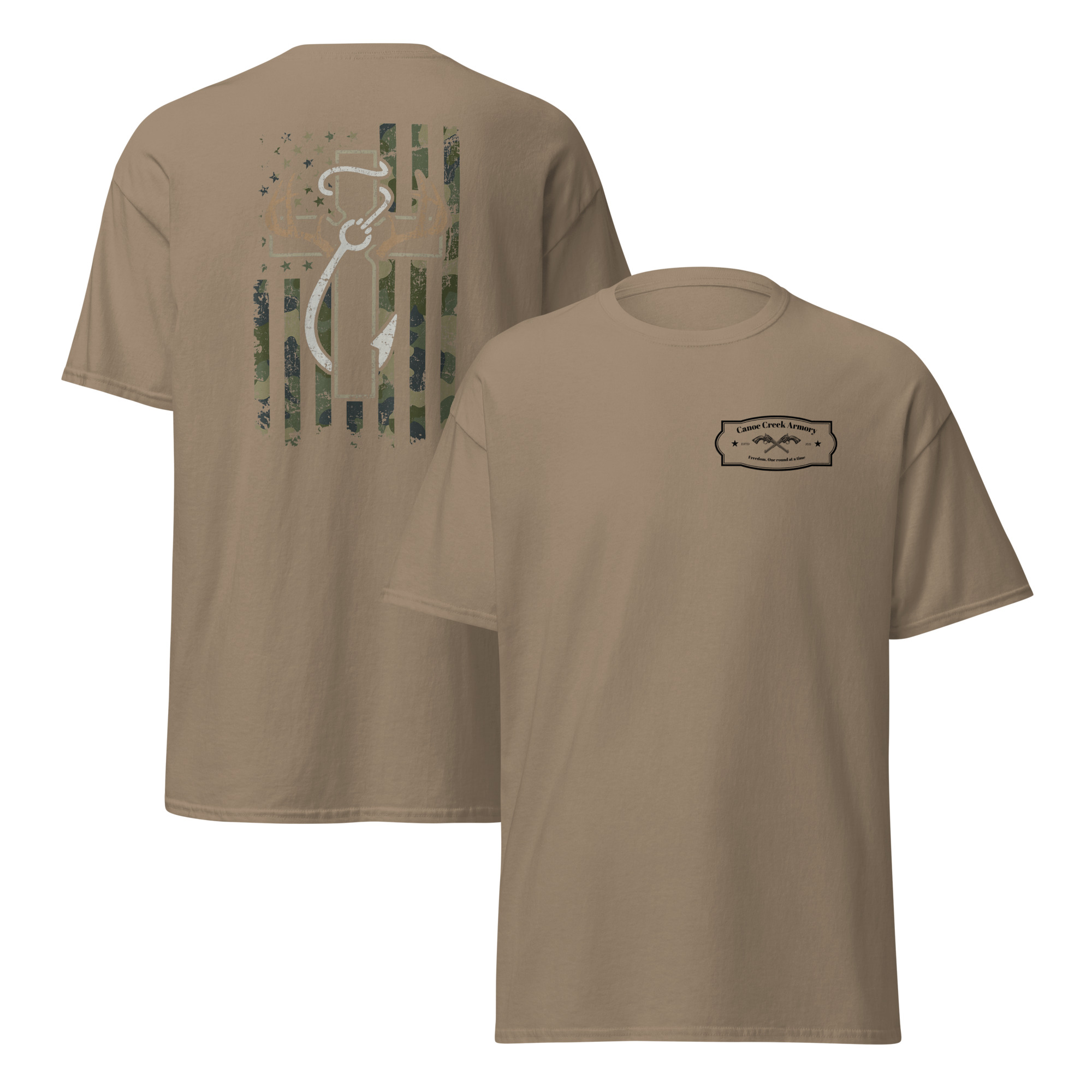 Tan t-shirt with graphic design on back.