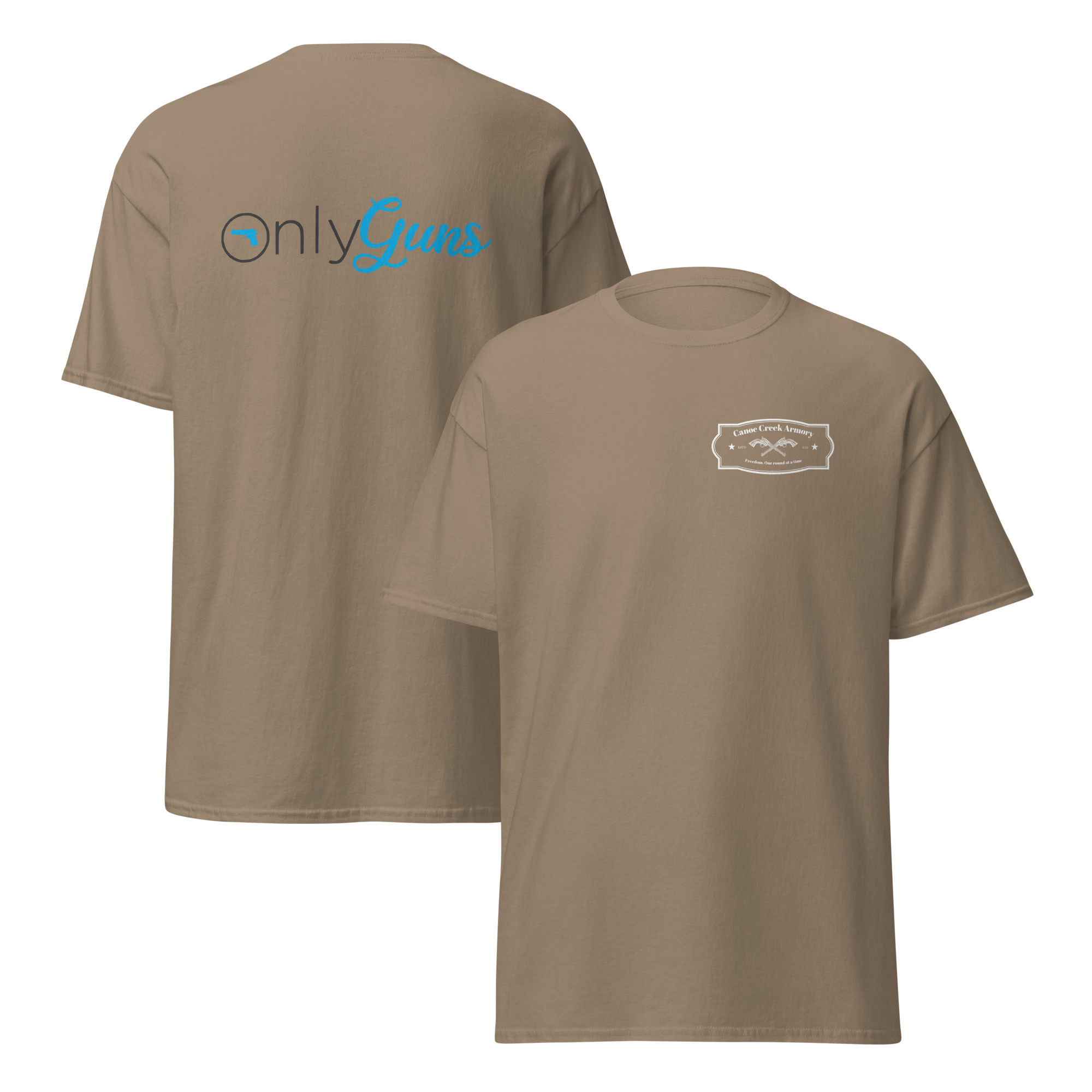 Brown t-shirt with graphic logos on front and back.