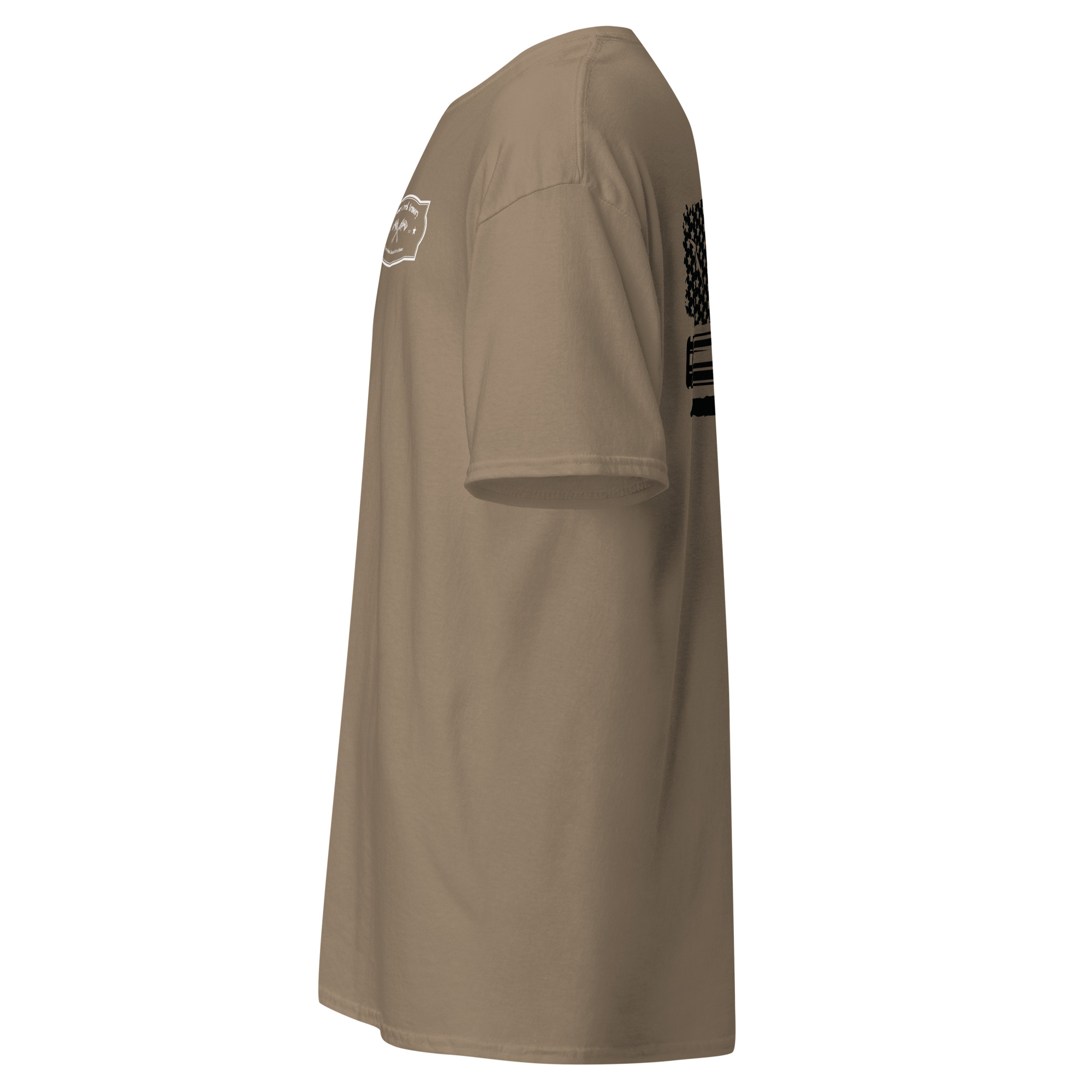 Side view of a khaki t-shirt.