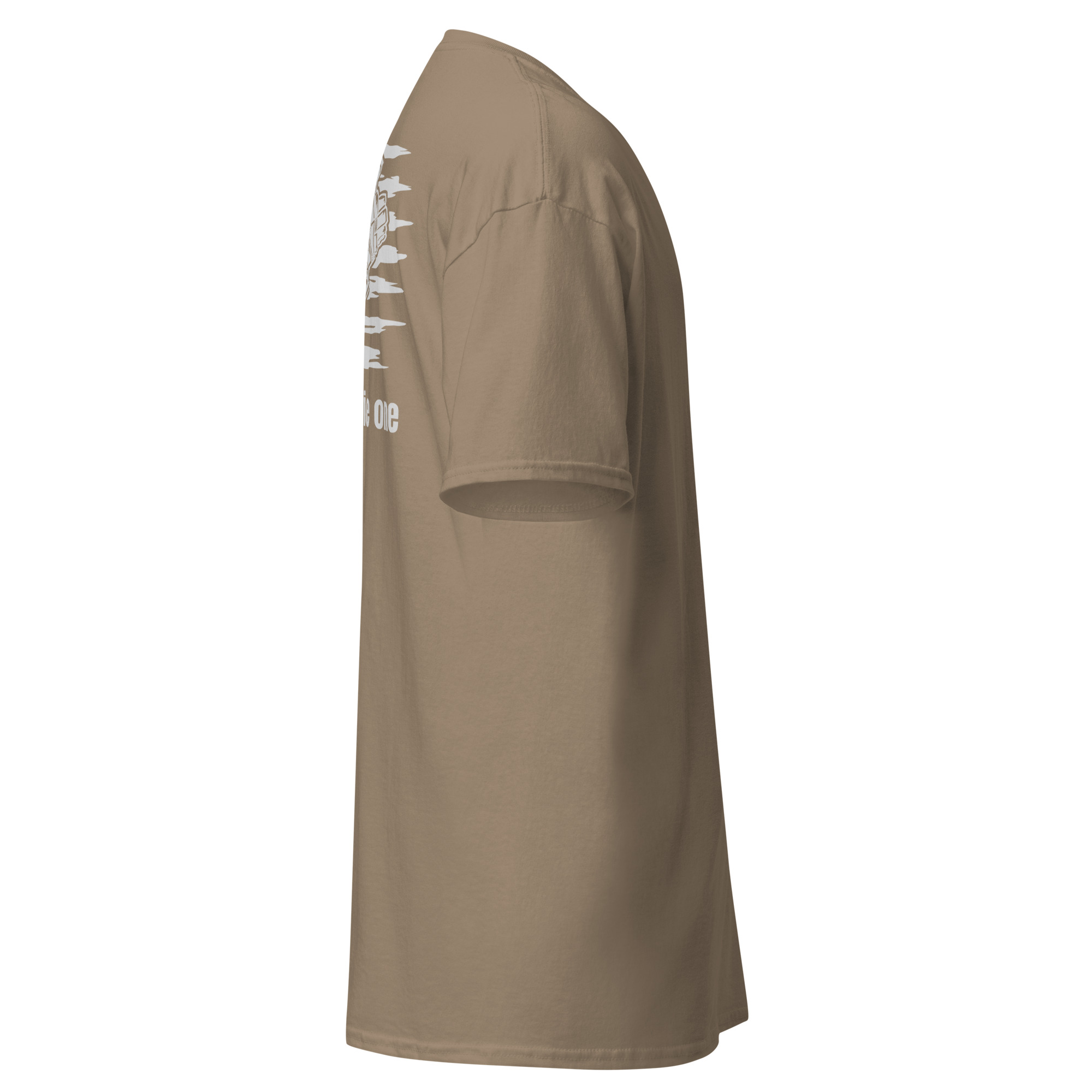 Side view of a short-sleeve brown t-shirt.