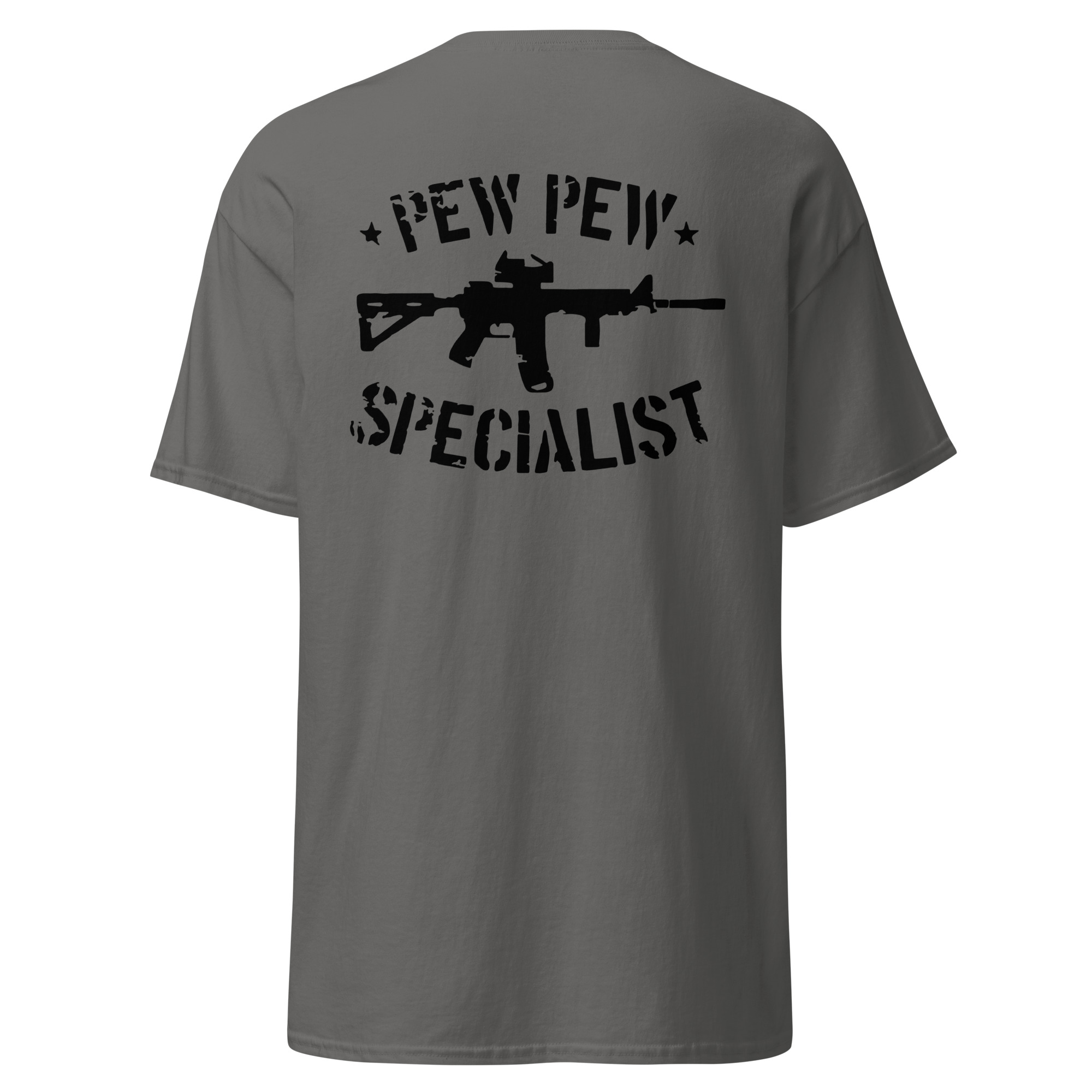 Gray t-shirt with 'Pew Pew Specialist' design