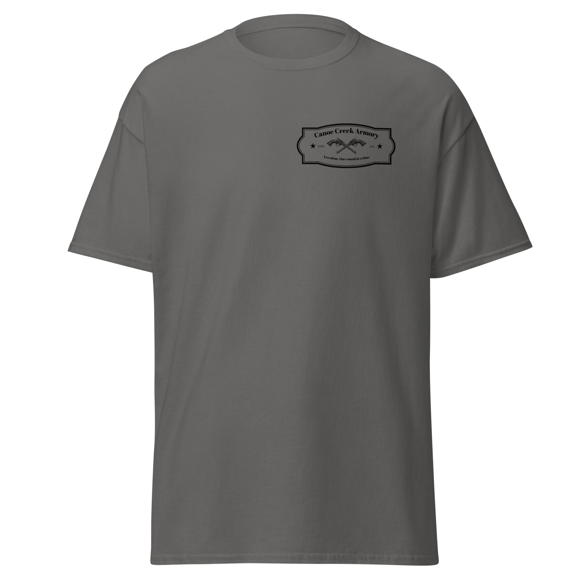Gray t-shirt with Canoe Creek Armory logo