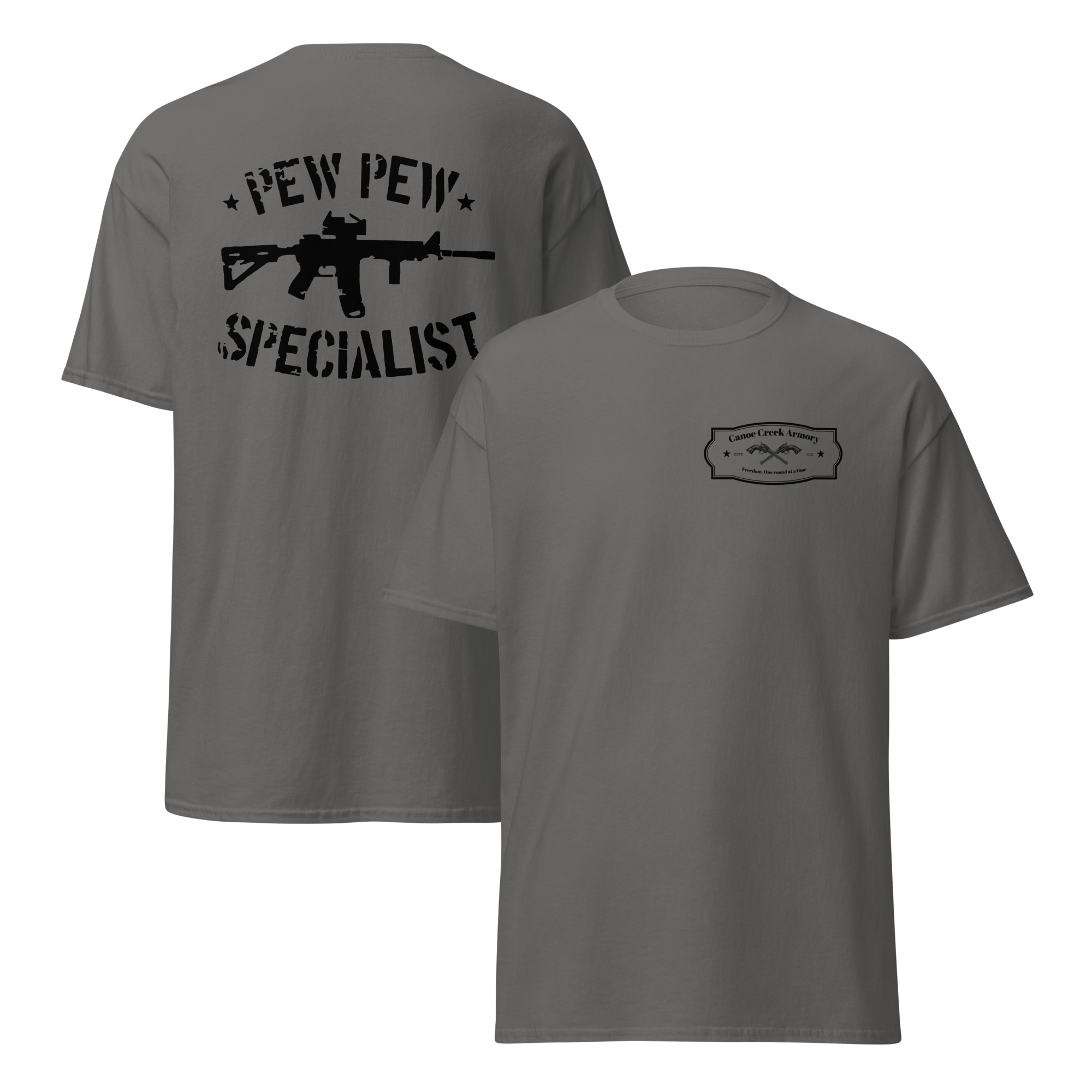 Gray t-shirt with firearm graphic and text