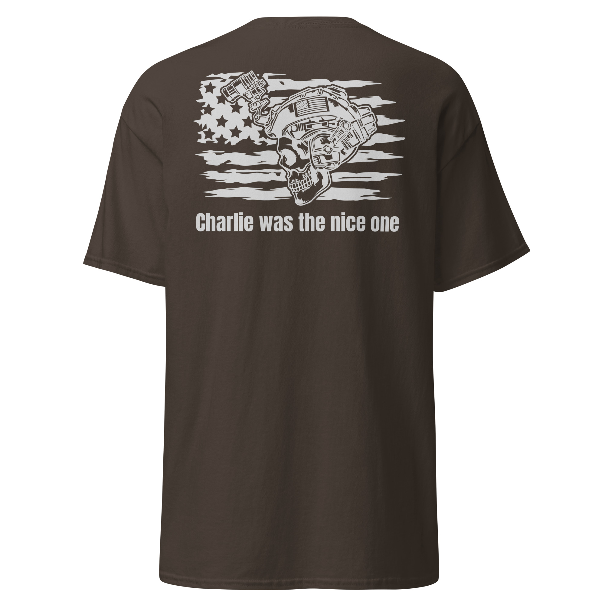 Brown t-shirt featuring a skull and text design.