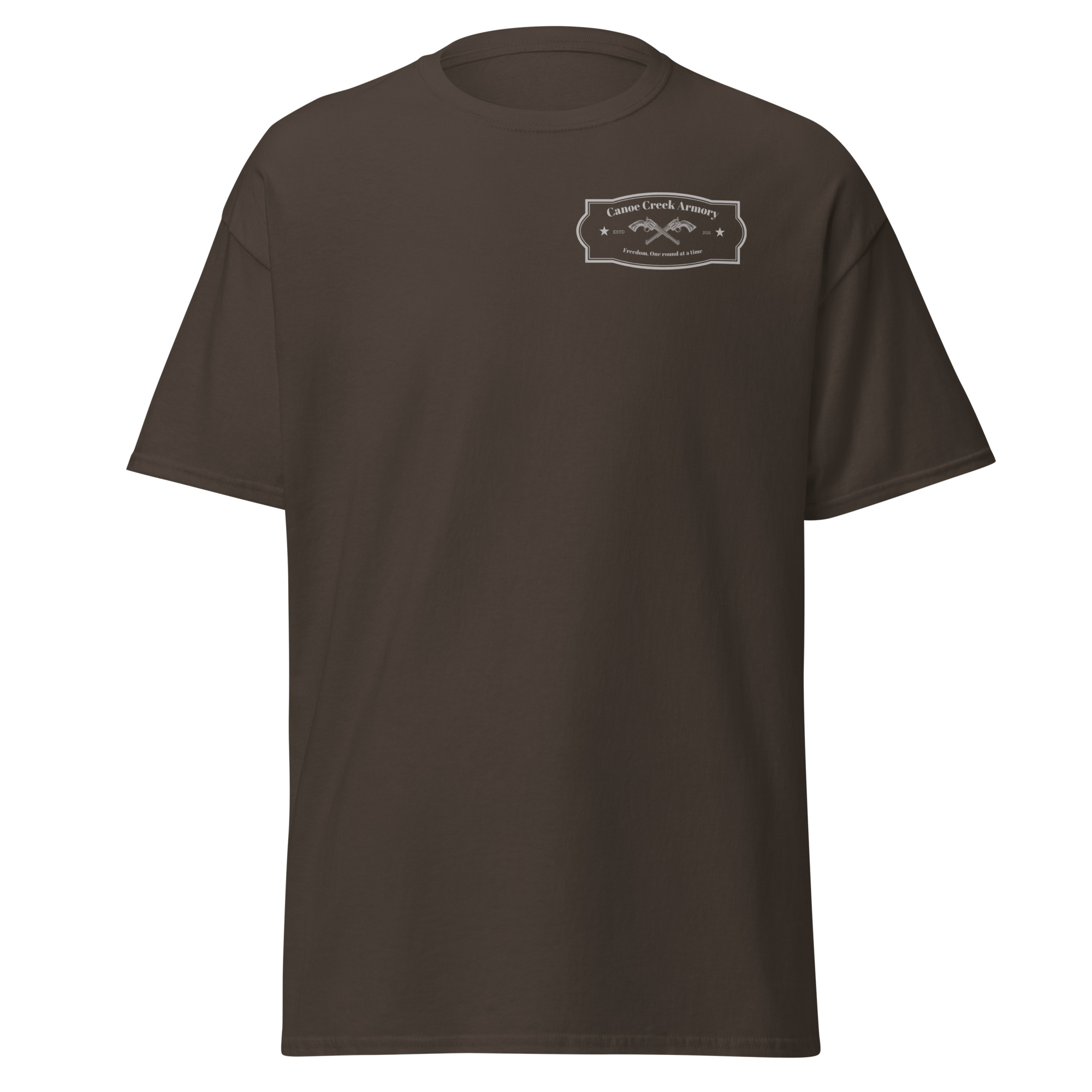 Brown t-shirt with front design and logo.