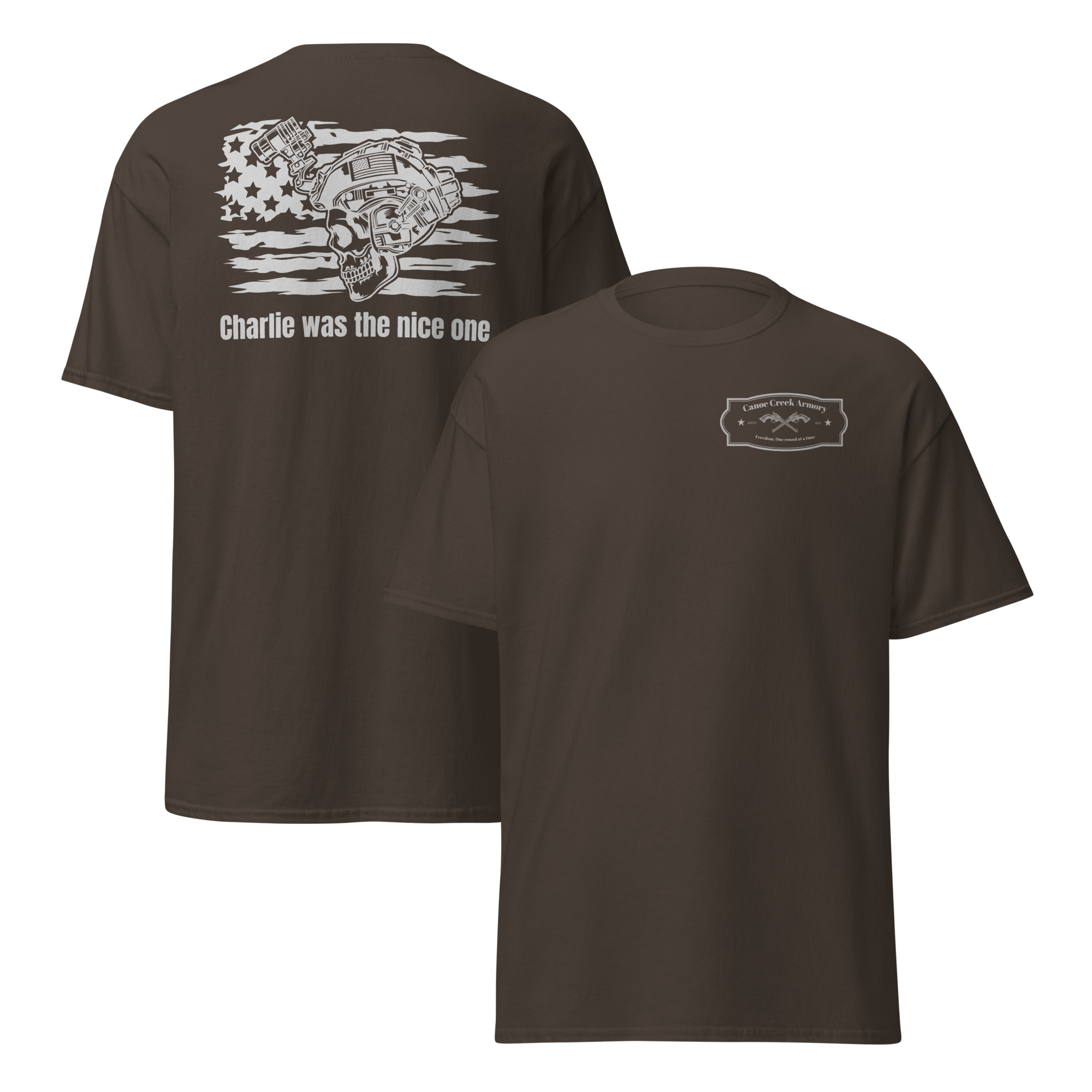 Brown t-shirt featuring a skull design and text.