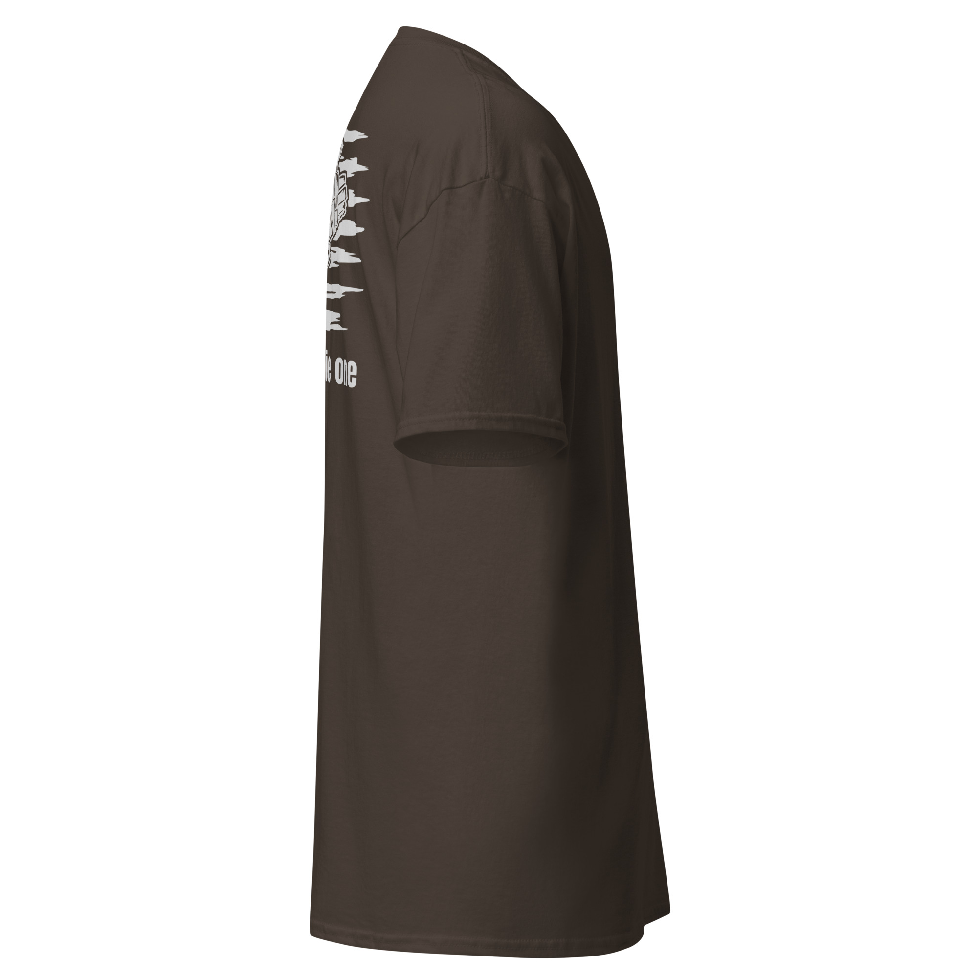 Brown t-shirt displayed from the side.