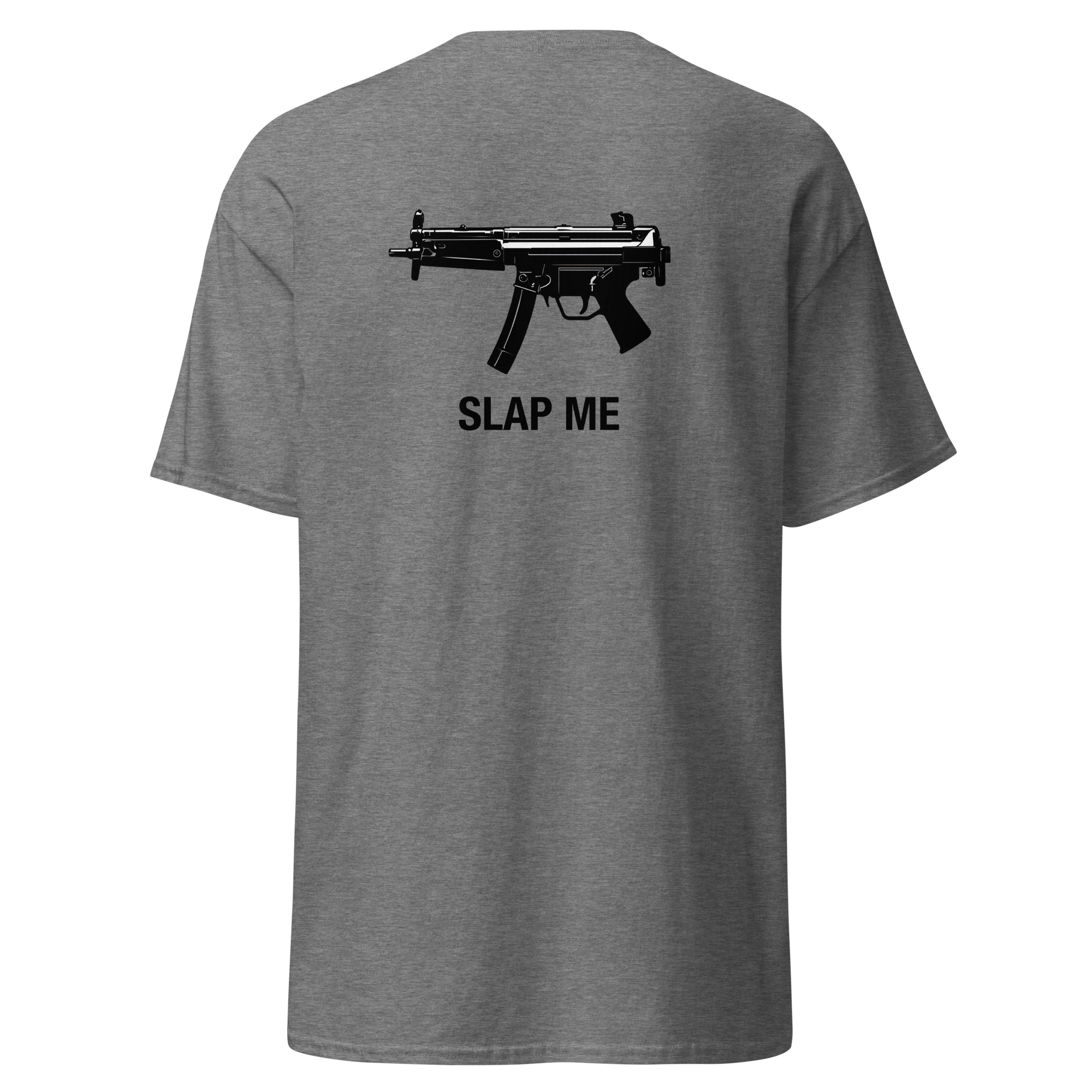 Gray t-shirt with text and graphic design.