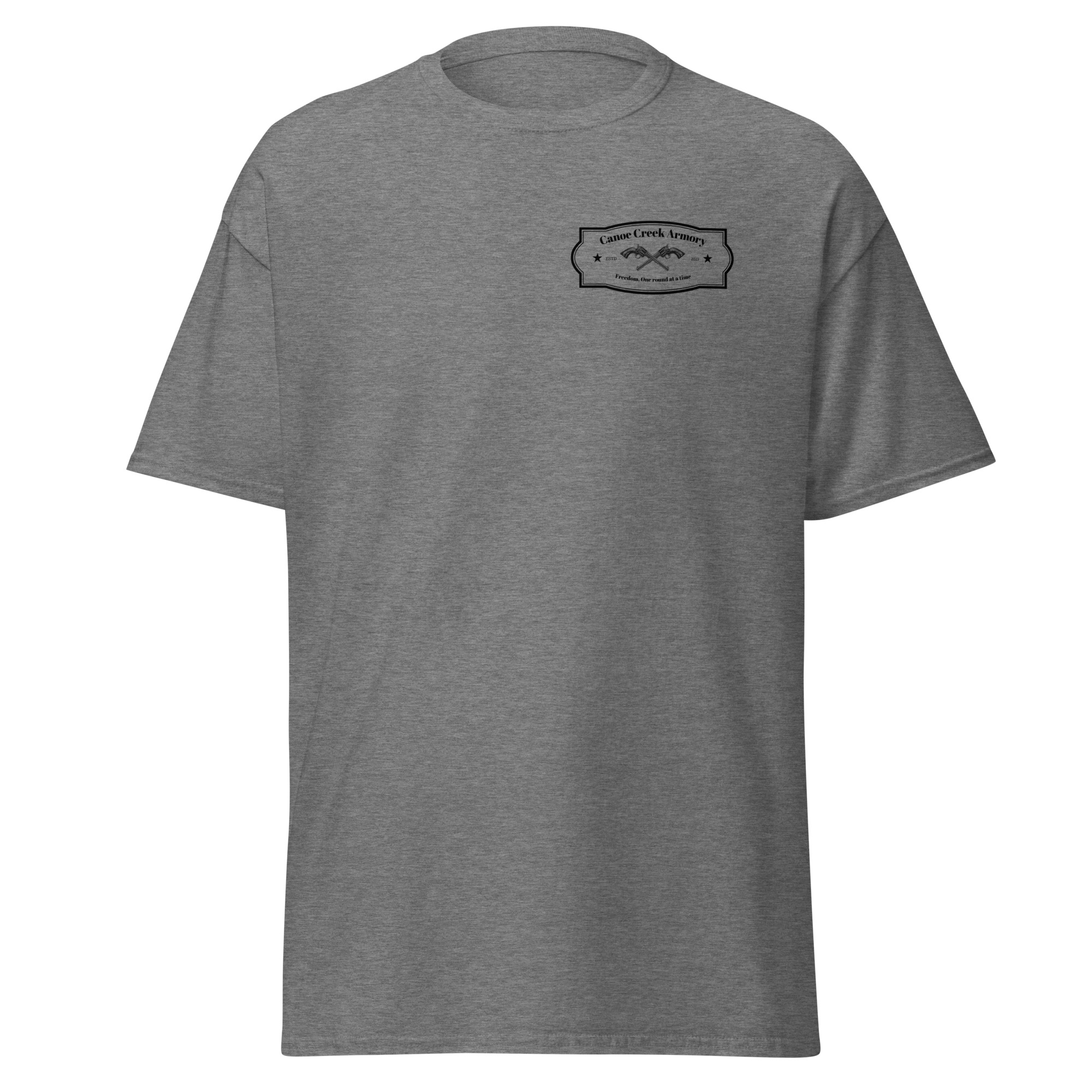 Gray t-shirt with mountain-themed graphic design