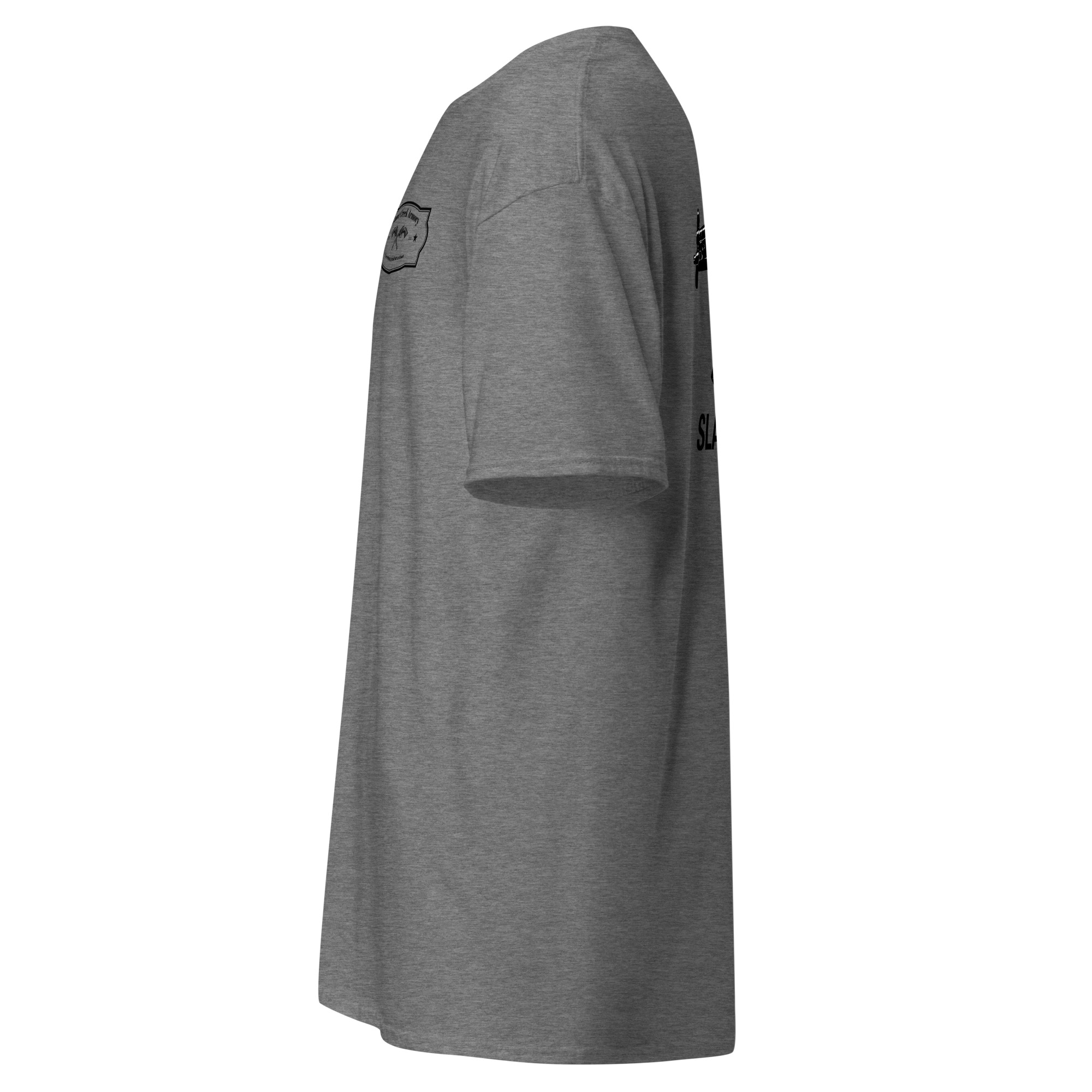 Side view of a gray short-sleeve t-shirt.