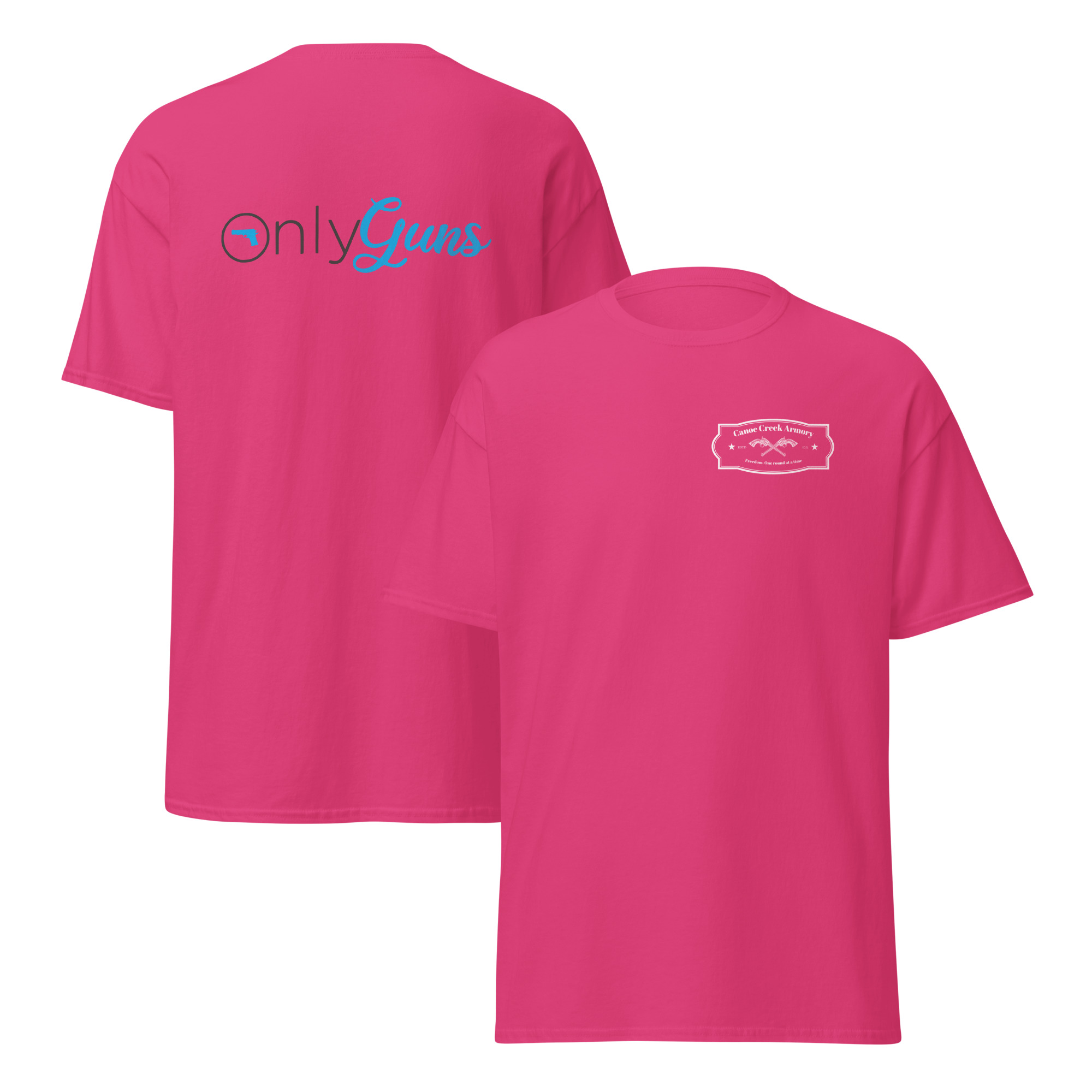 Pink t-shirt featuring 'onlyGuns' logo