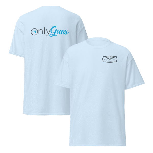 Light blue t-shirt with logos on front and back.