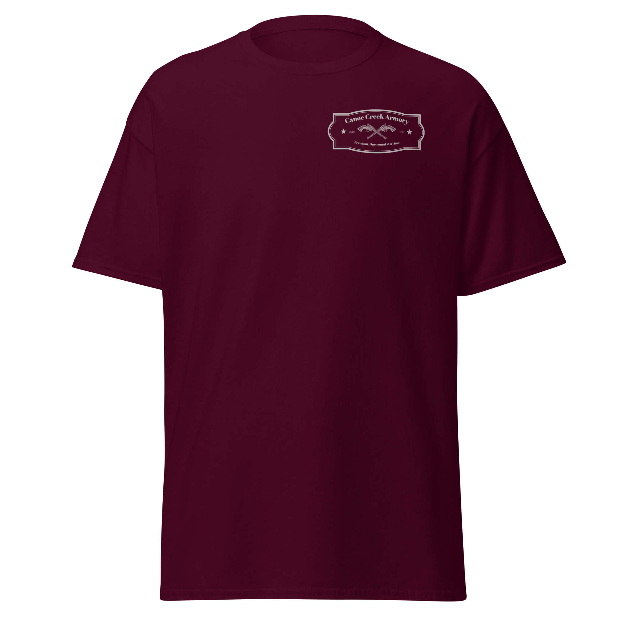 Maroon t-shirt with logo on the front.