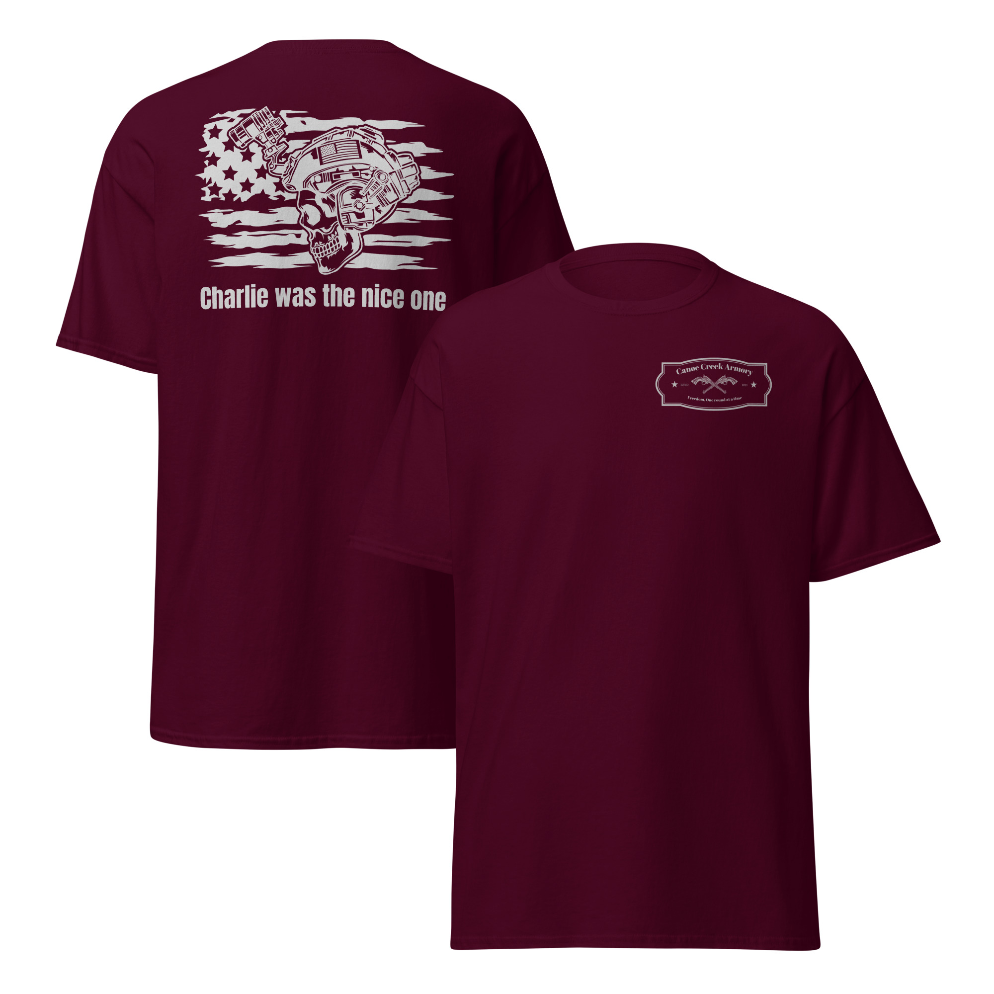 Maroon t-shirt featuring skull and text design
