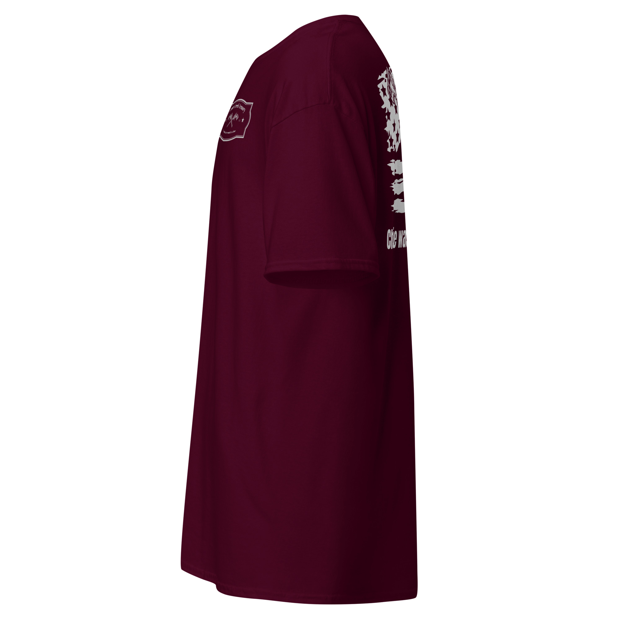 Side view of a maroon t-shirt.