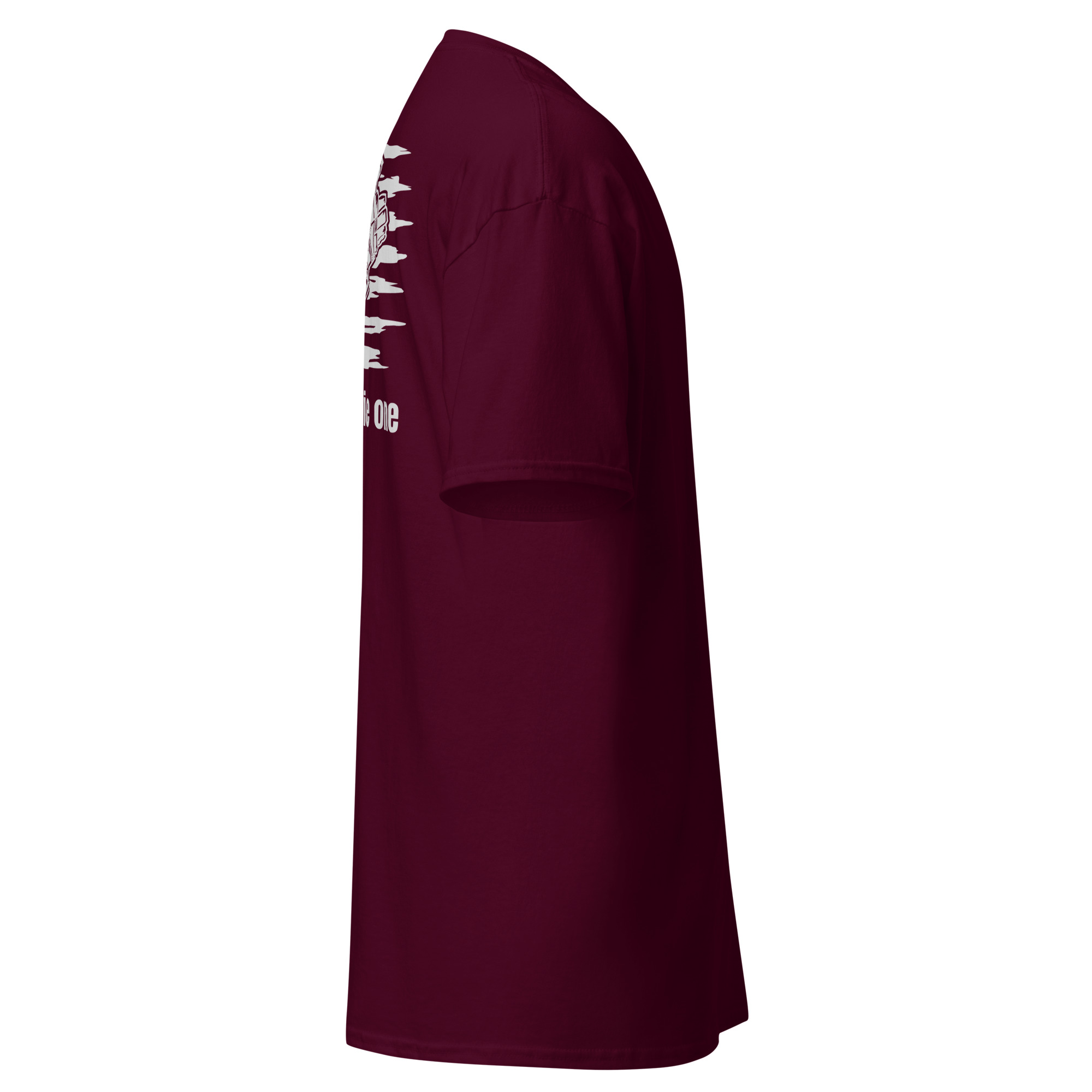Side view of a maroon t-shirt.