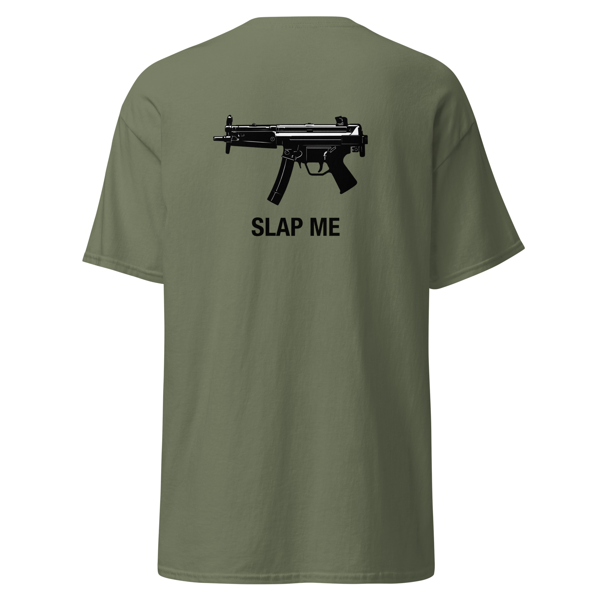 Olive green t-shirt with gun graphic and text