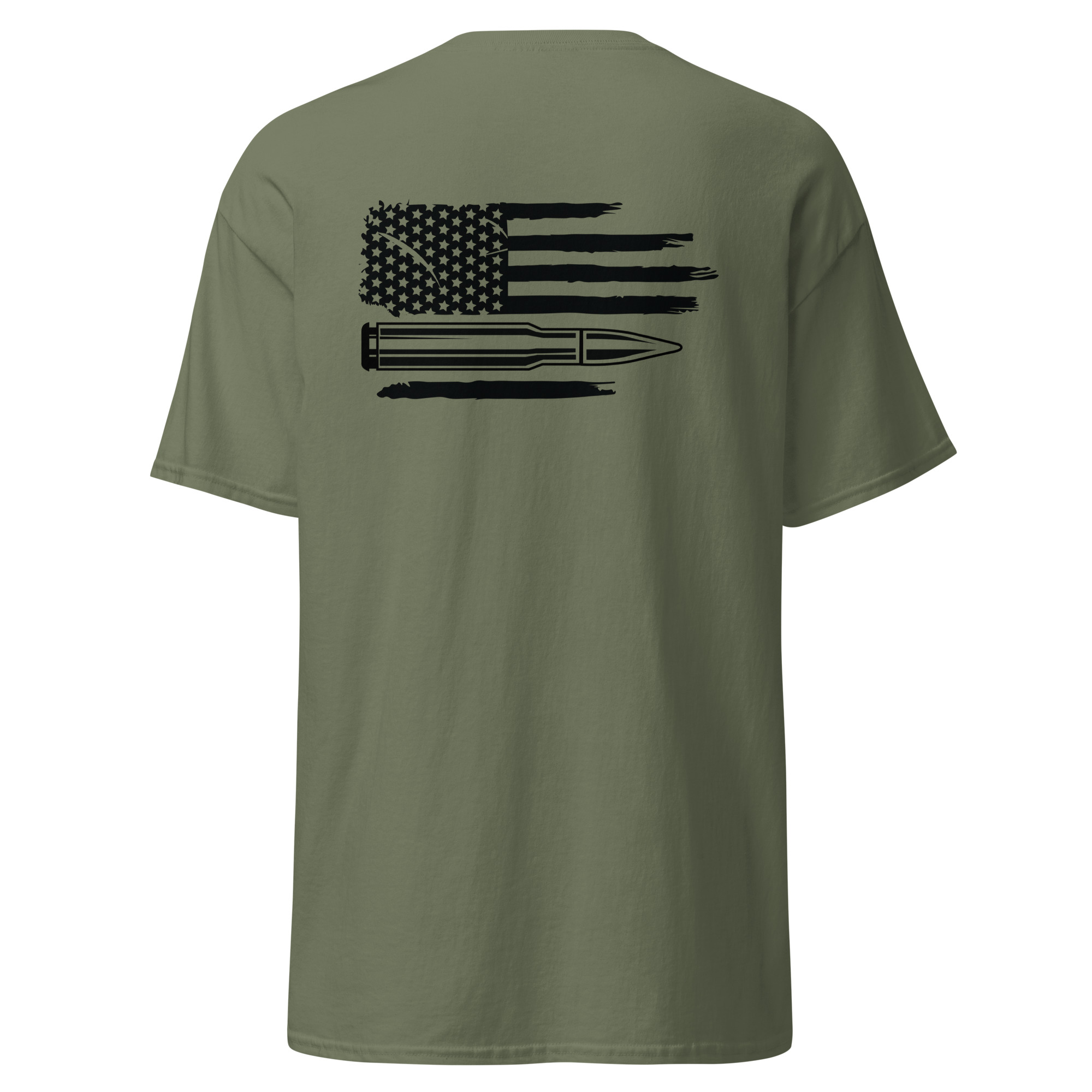 Olive green shirt with American flag and bullet design.