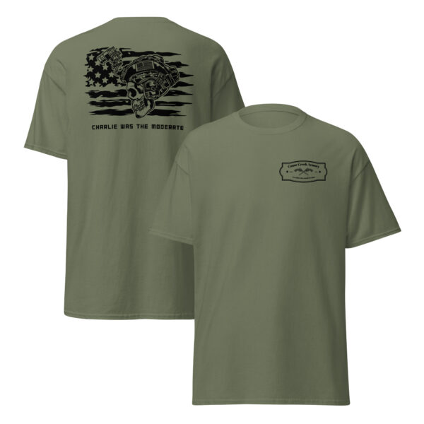 Olive green t-shirt featuring skull and flag design.