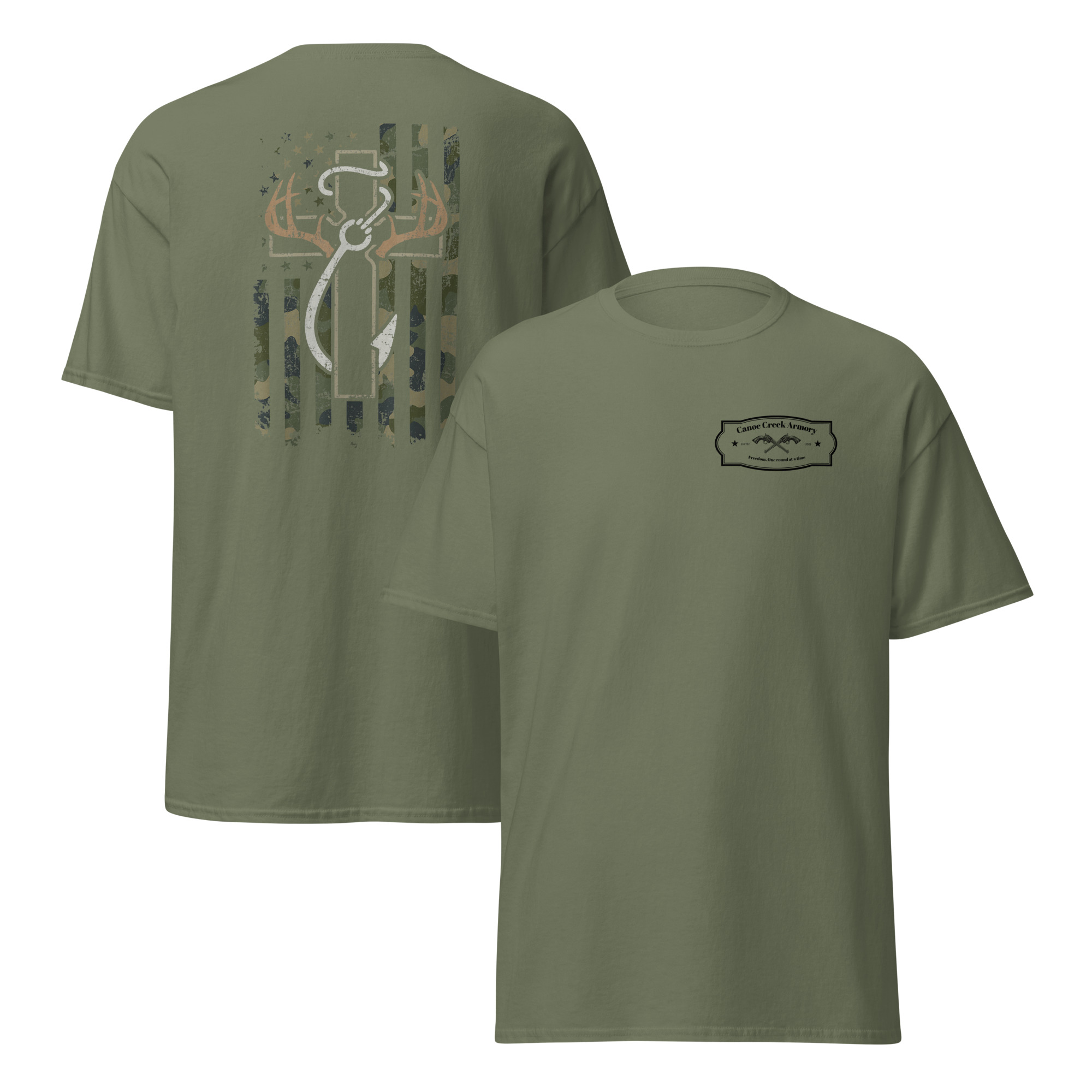 Olive green t-shirt with outdoor-themed graphics.