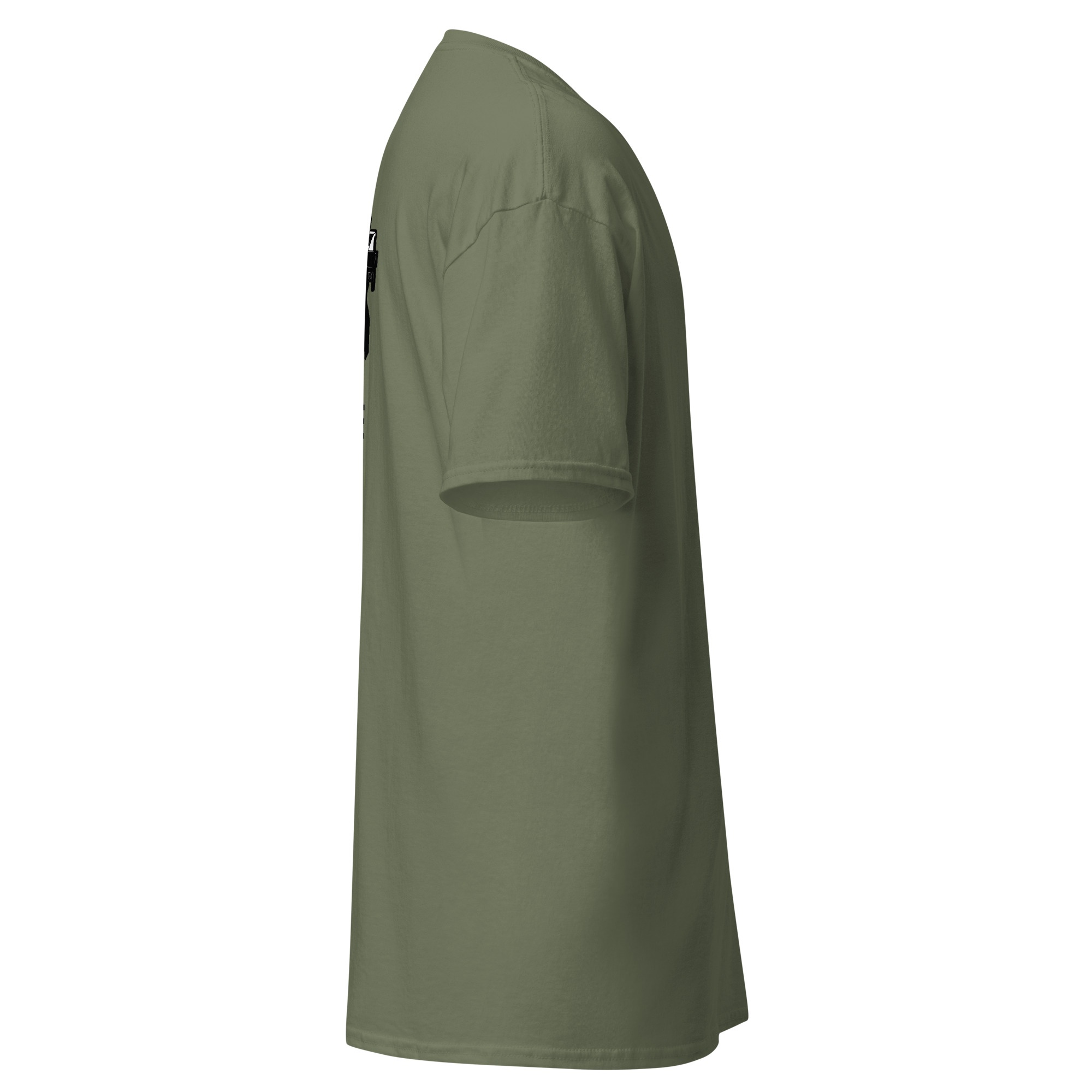 Olive green t-shirt viewed from the side.