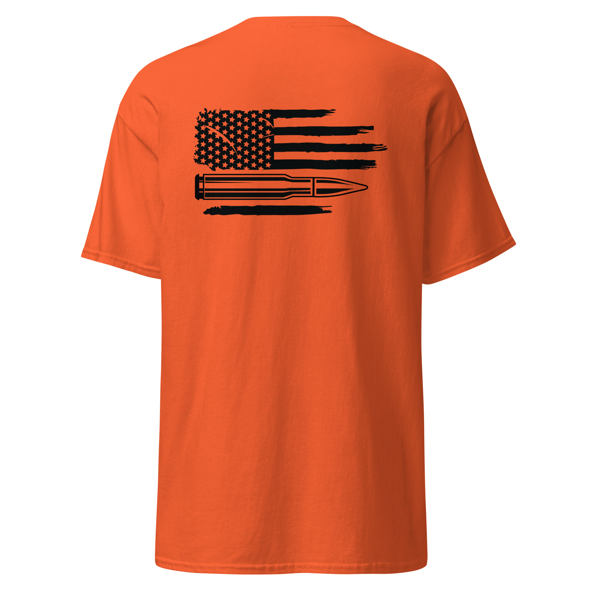 Orange t-shirt featuring American flag and bullet design.
