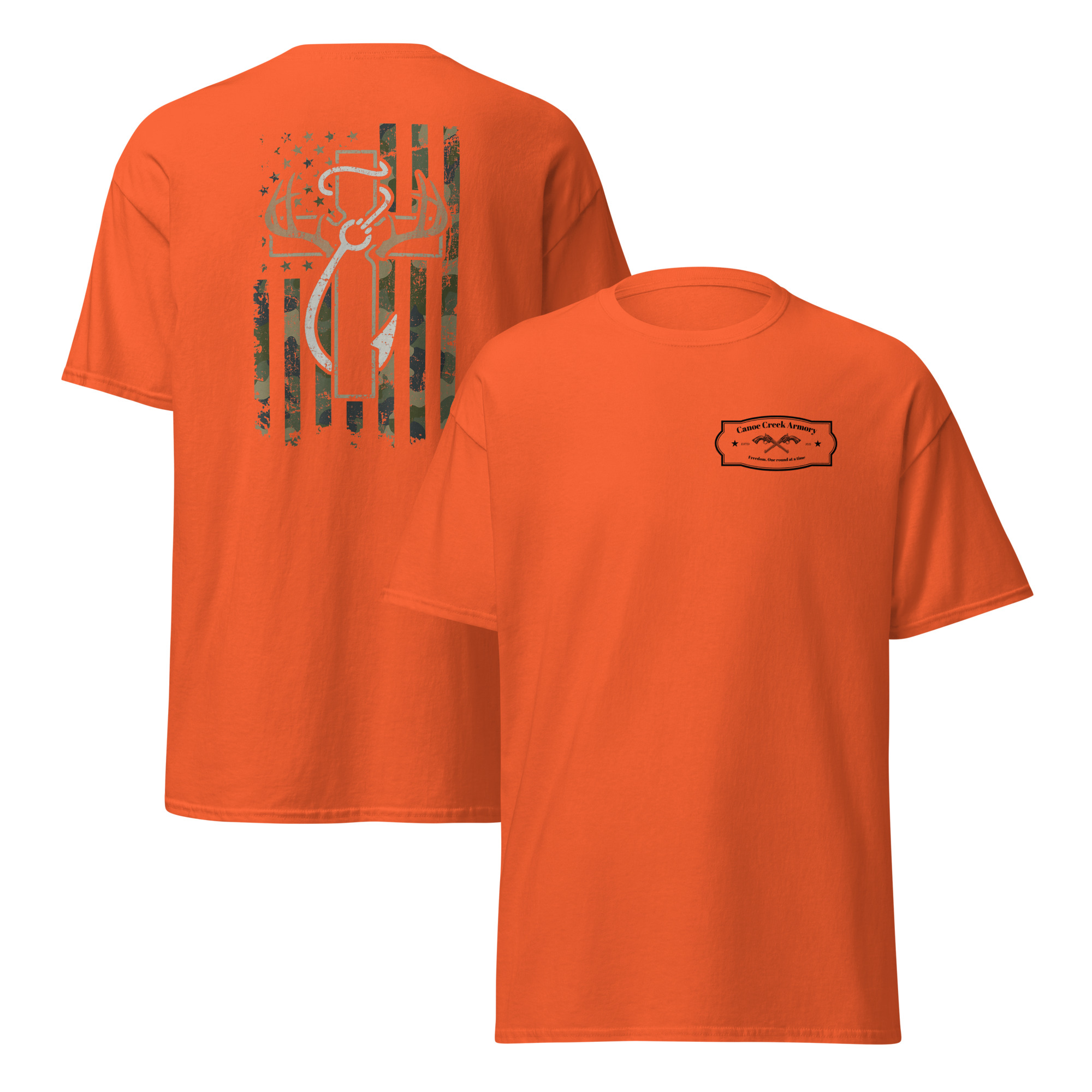 Orange t-shirt with graphic design and logo