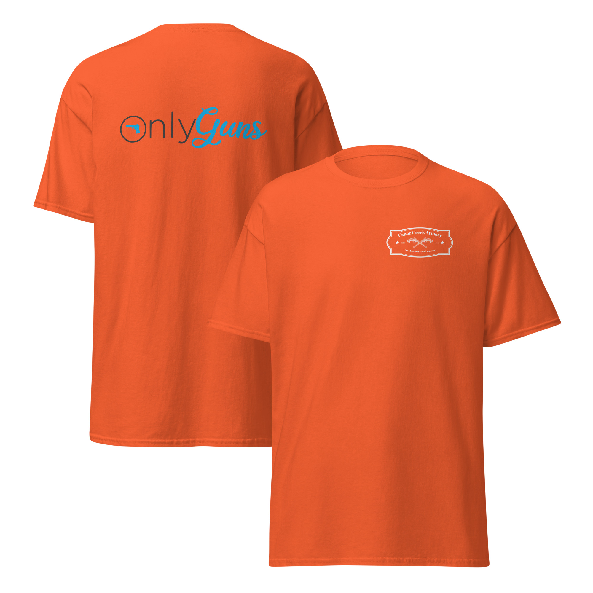 Orange t-shirt with 'onlyGuns' logo