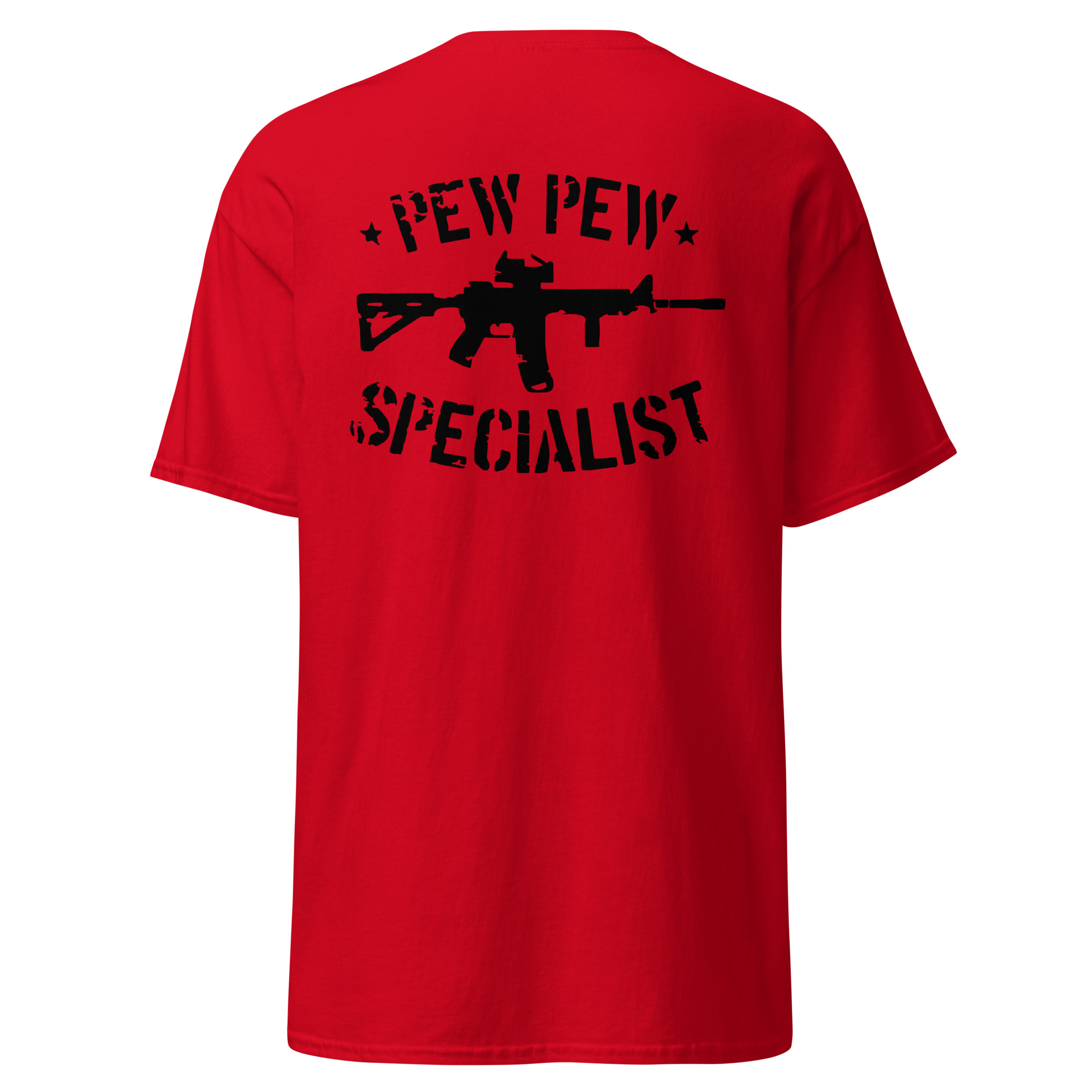 Red t-shirt with gun graphic and text.