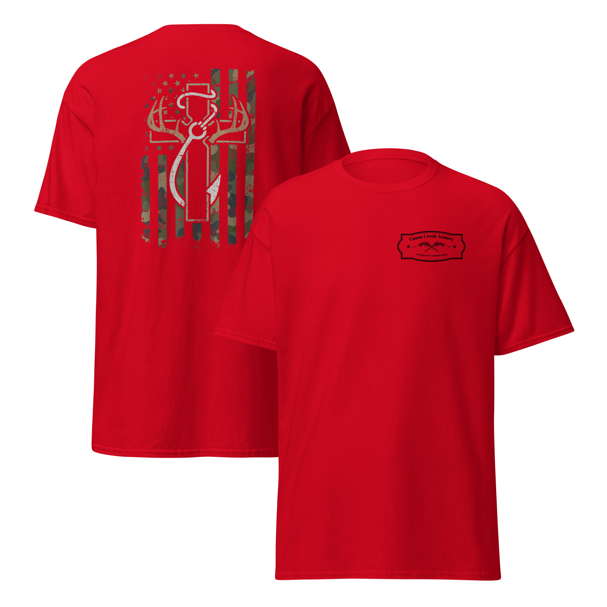 Red t-shirt with patriotic and wildlife designs.