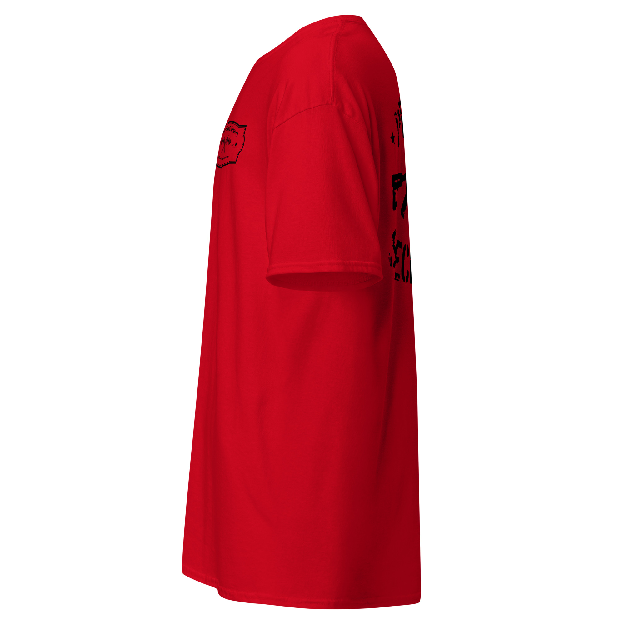 Red t-shirt displayed from the side view.