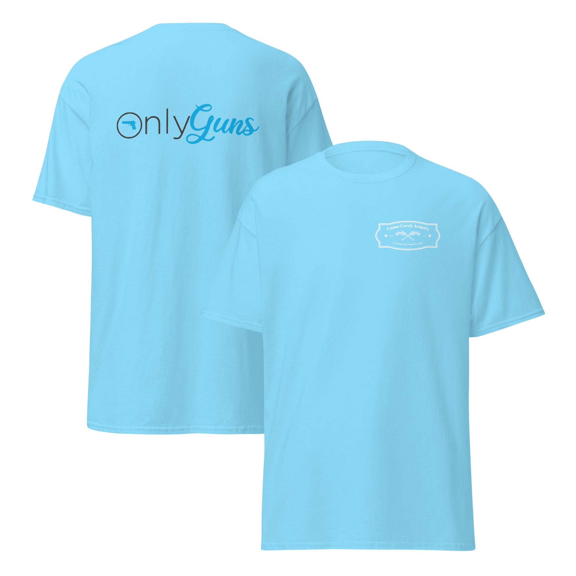 Light blue t-shirt with gun-themed designs