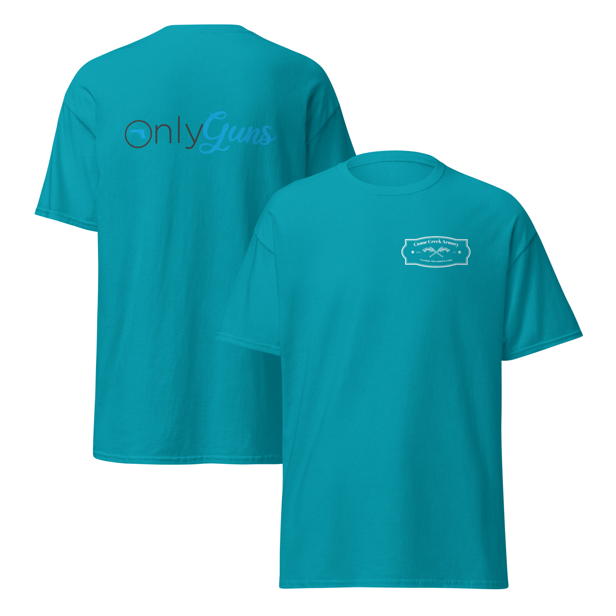Turquoise t-shirt featuring graphic and text design.