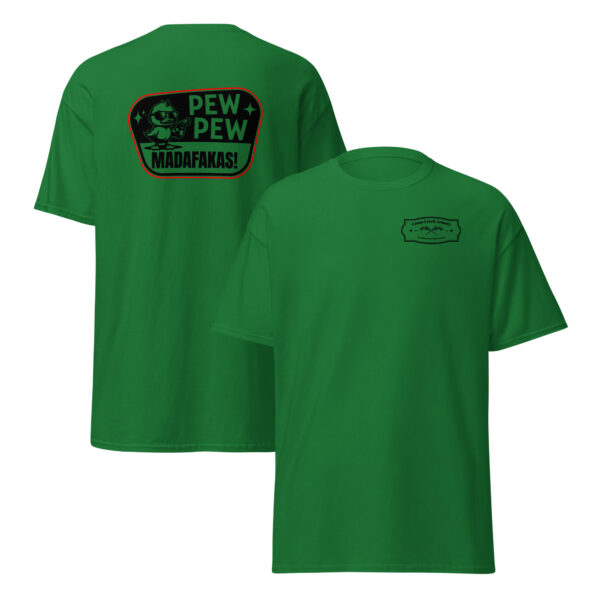 Green t-shirt with playful text and graphics.