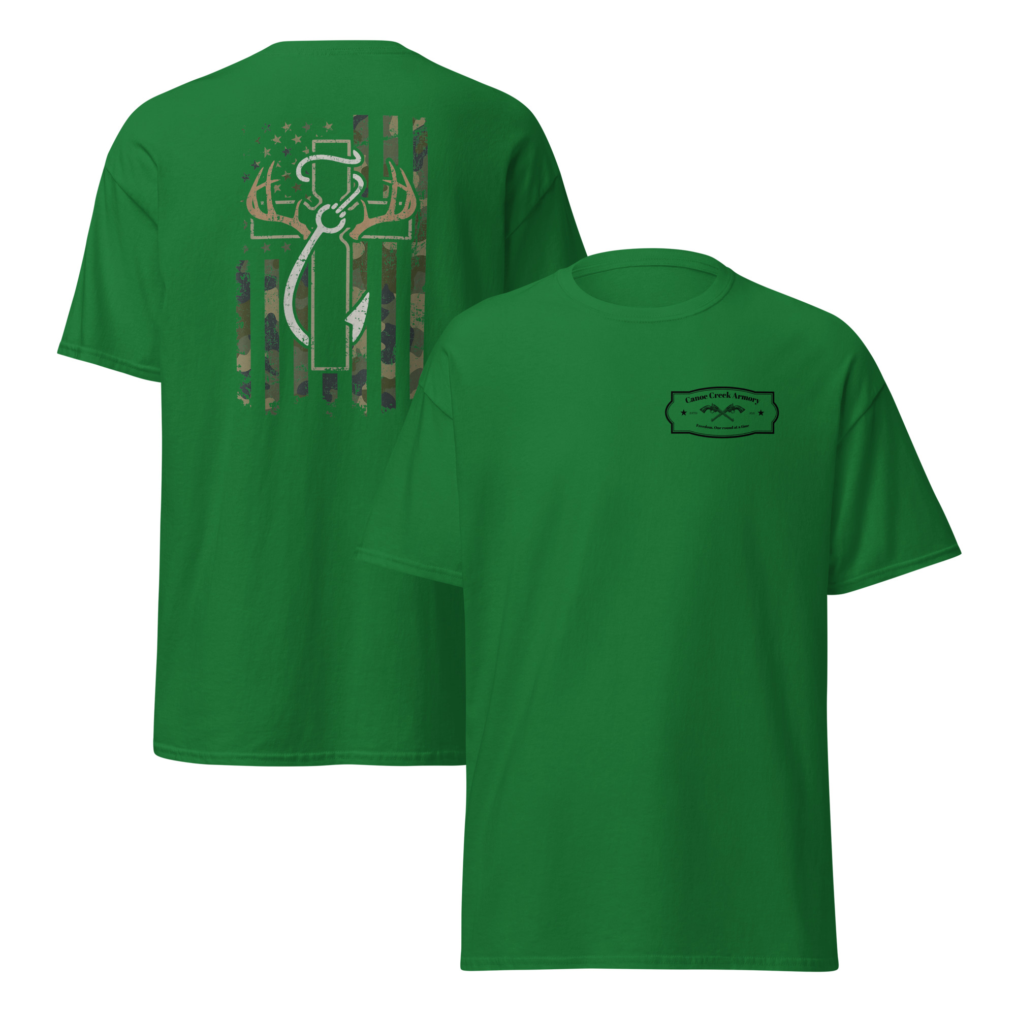 Green camo-patterned t-shirt with logo design