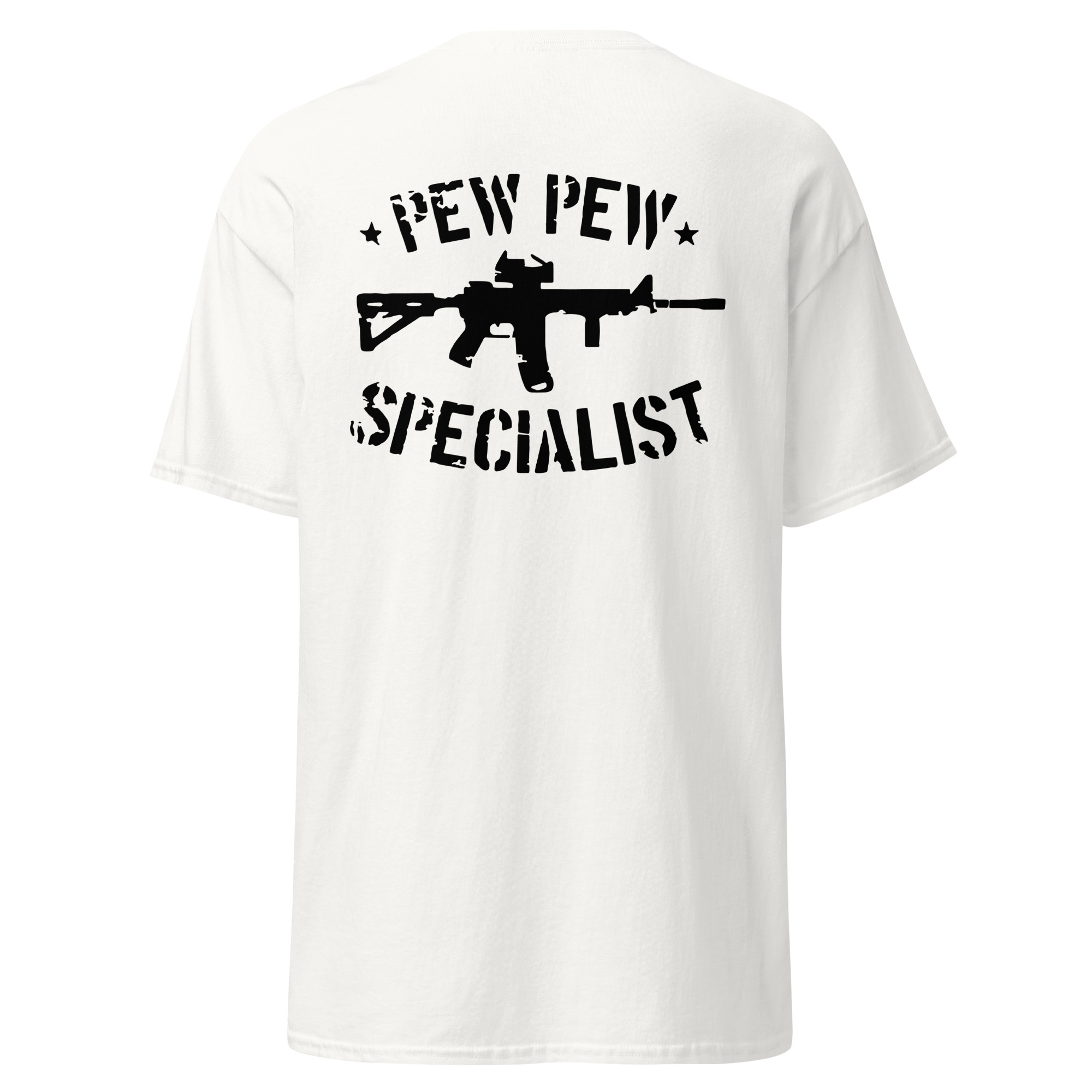 White t-shirt with 'Pew Pew Specialist' design