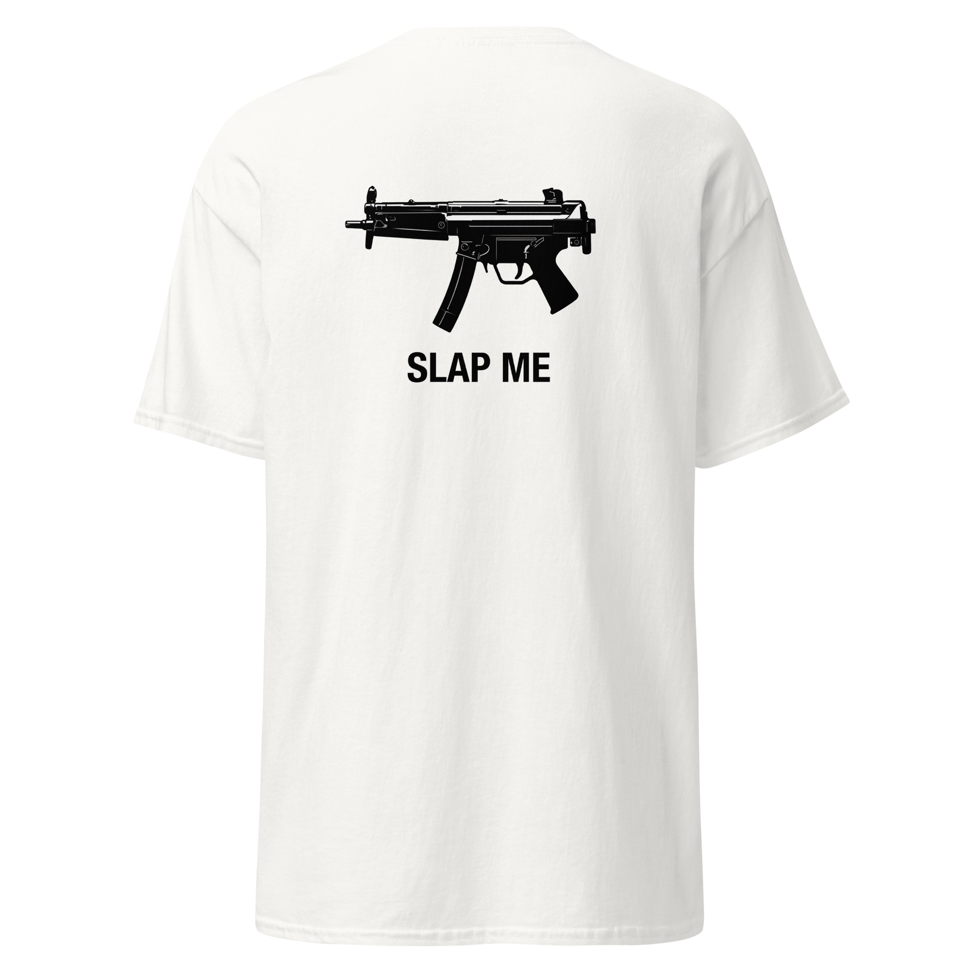 White t-shirt with graphic and text design.