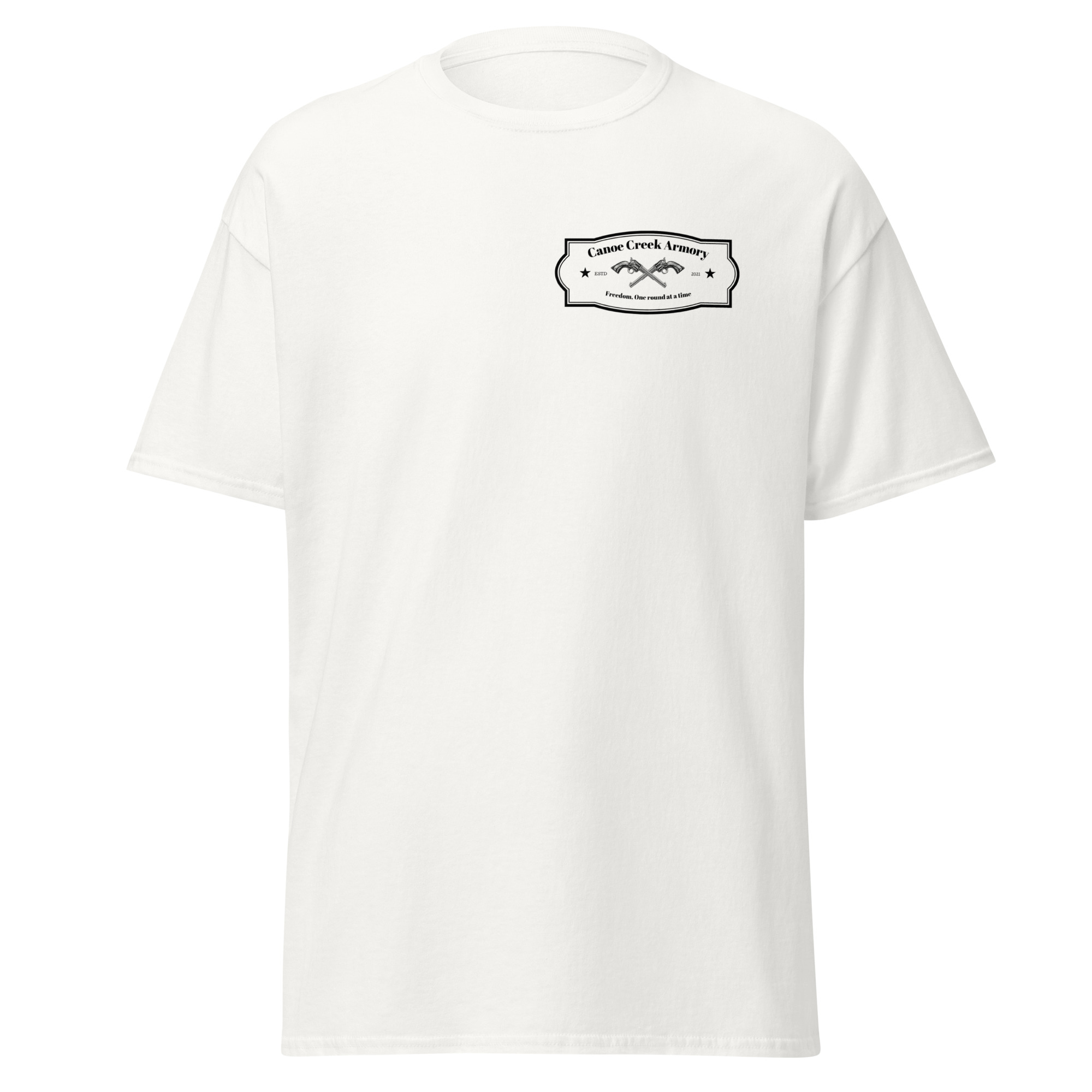 White t-shirt with Canoe Creek Armory logo