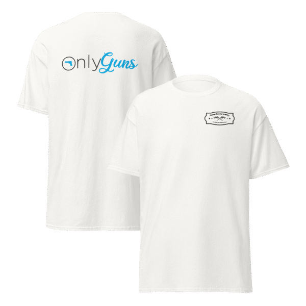 White t-shirt featuring onlyGuns logo.