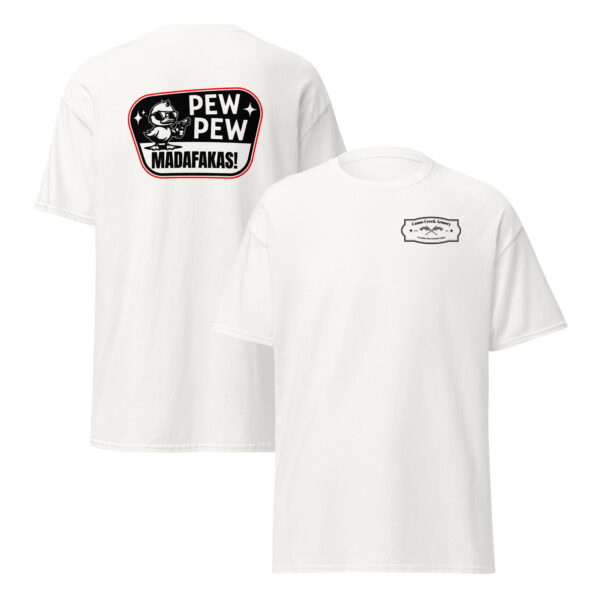 White t-shirt with playful graphic design.