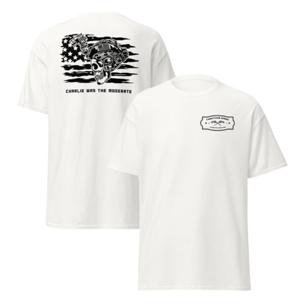 White t-shirt with unique graphic design.