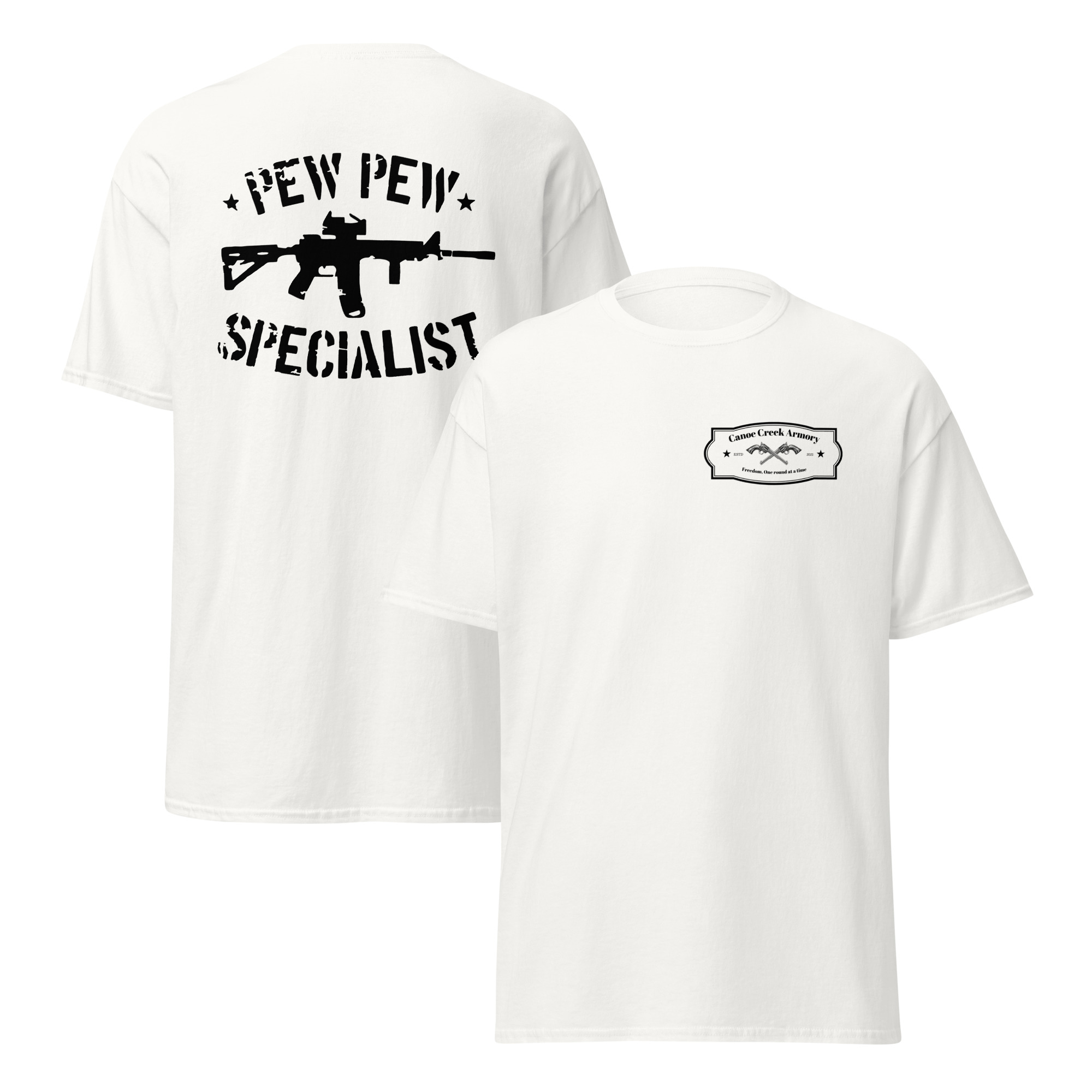 White t-shirt with graphic prints and text