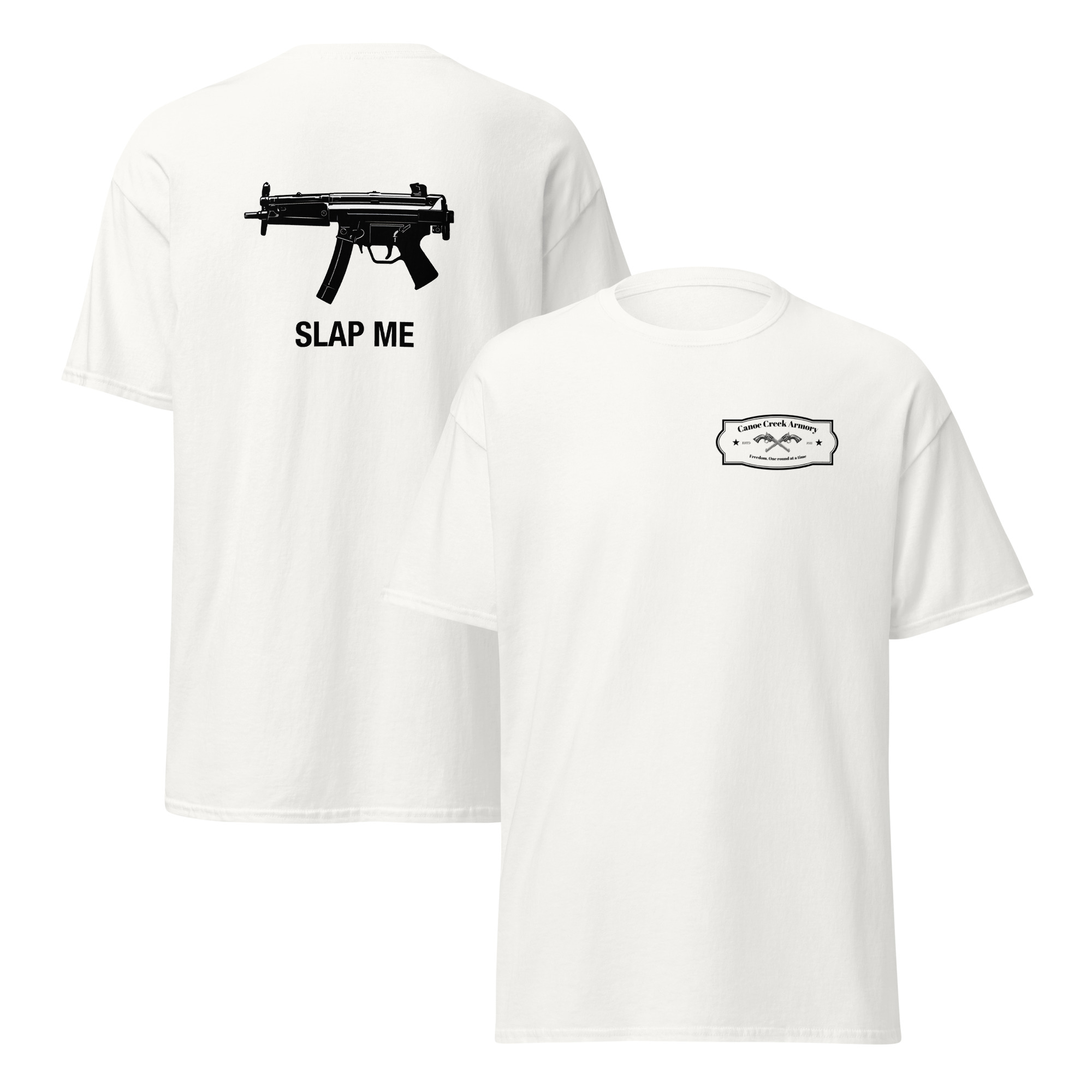 White t-shirt with graphic design and text.