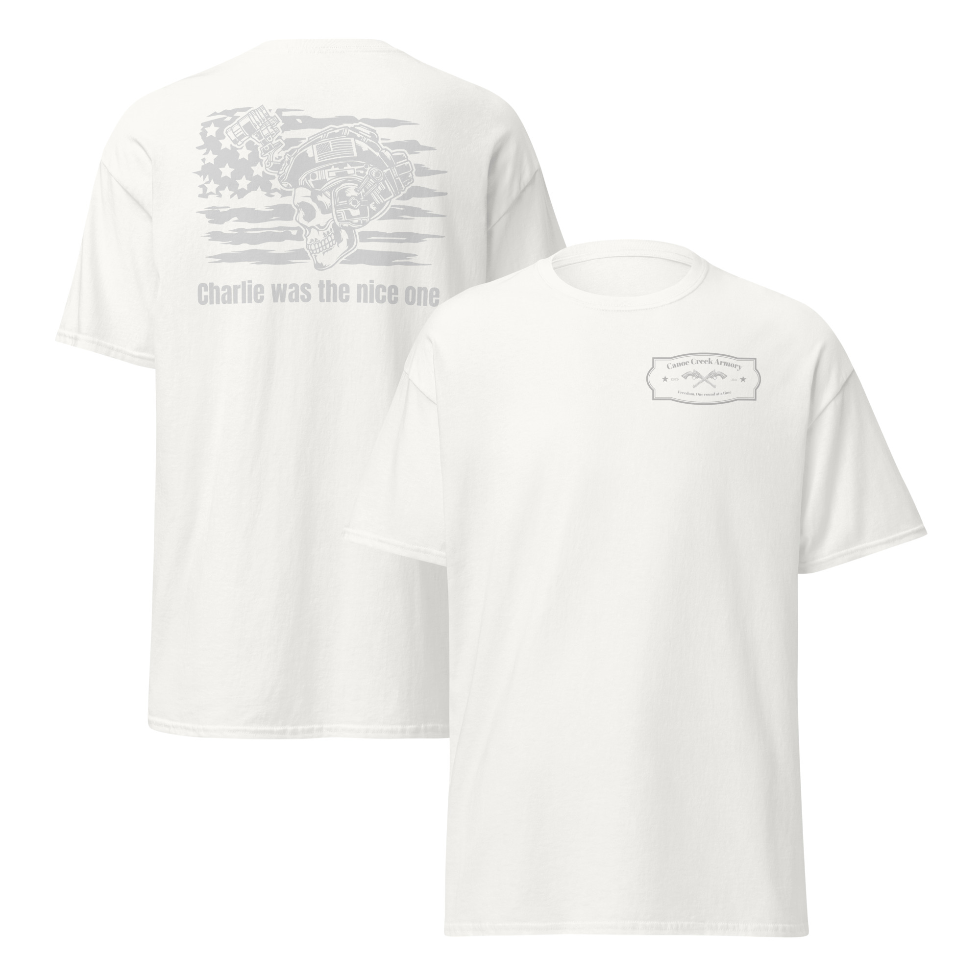White t-shirt with graphic design and text.